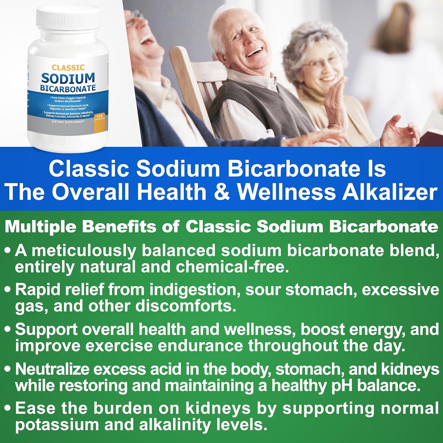 Classic Sodium Bicarbonate 650mg Natural Organic Use Sodium Bicarbonate Powder Pills Sodium Bicarbonate Tablets (caps) Stomach Acid Alkalinity 120caps