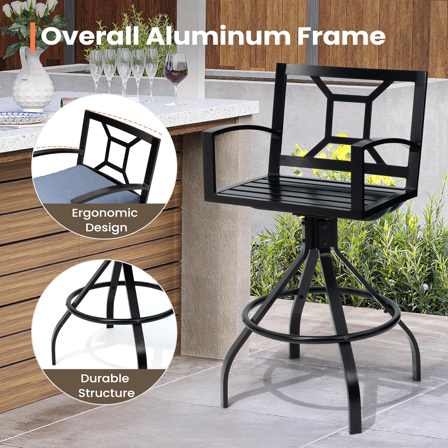 Pellebant Outdoor Swivel Bar Stools with Cushion, Aluminum Bar Height Bar Stools Set, All-Weather Patio Stool & Chairs for Patio, Lawn, Spectrum Denim, 2PC