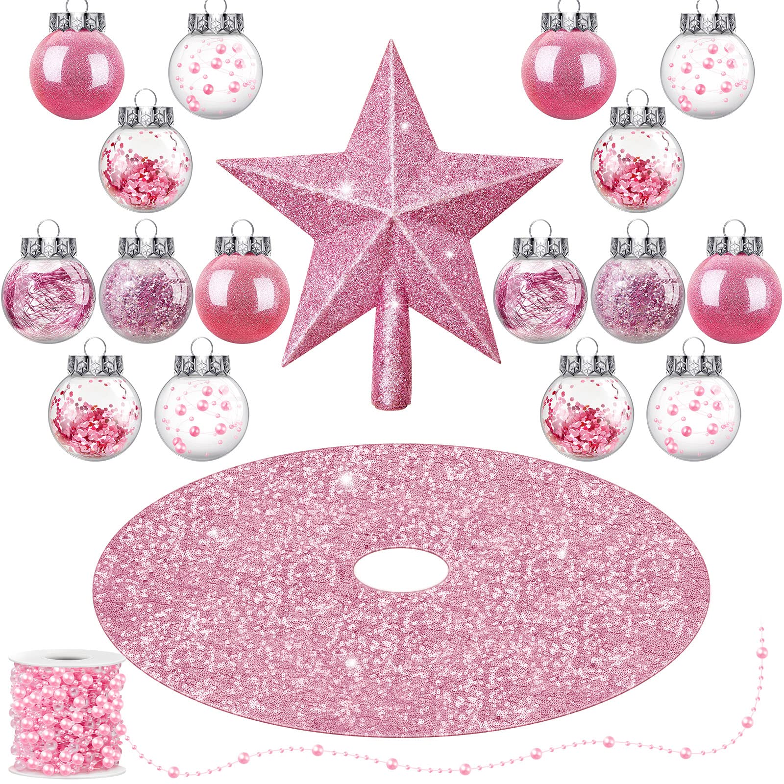 Set de 33 Pcs Décorations de Sapin de Noël Rose Jupe de Sapin de Noël Paillettes Topper d'arbre Étoile de Noël Paillettes Ornements de Boule Noël Suspendus Guirlandes de Chaînes de Perles