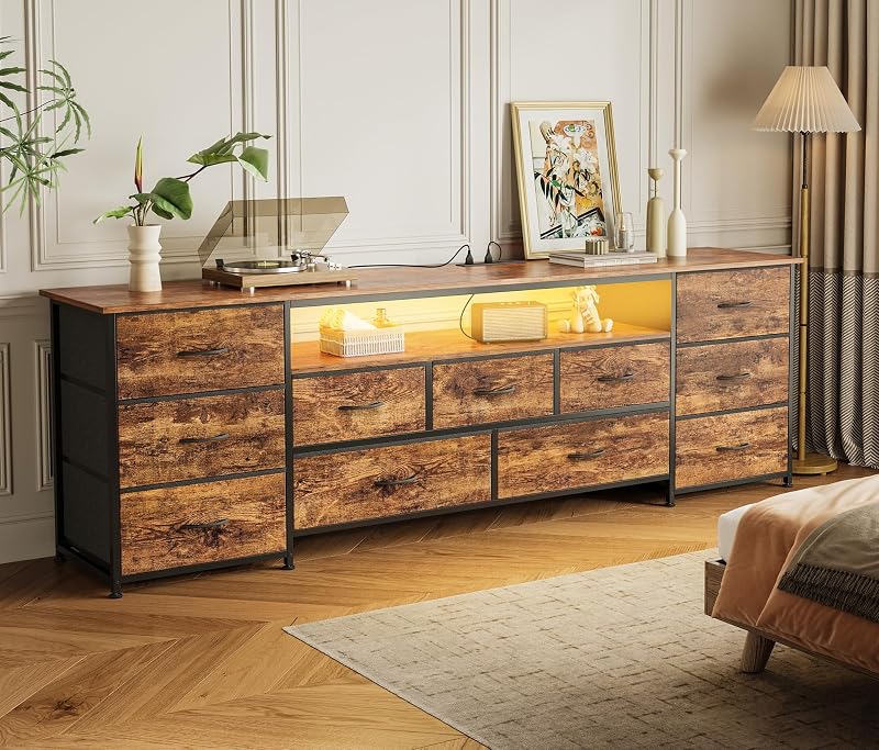 Huuger 70 Inch TV Stand for 75, 80 Inch TV, 11 Drawer Long Dresser with Power Outlets and LED Lights, Entertainment Center with Storage, Rustic Brown Dresser with Printed Surface image 7