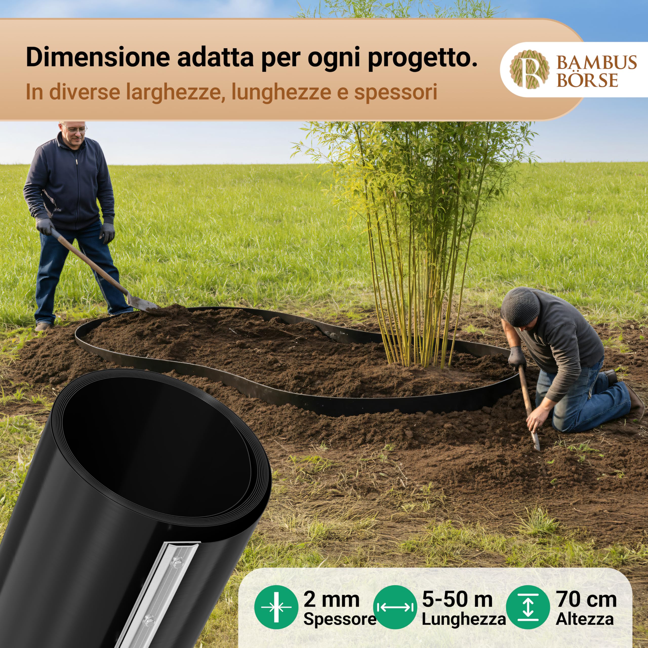 Barriera per Radici - Barriera per rizomi con Binario di bloccaggio Alta 70 cm, Spessa 2 mm, Lunga 20 m - Realizzata in HDPE di Alta qualità - Barriera per rizomi di bambù