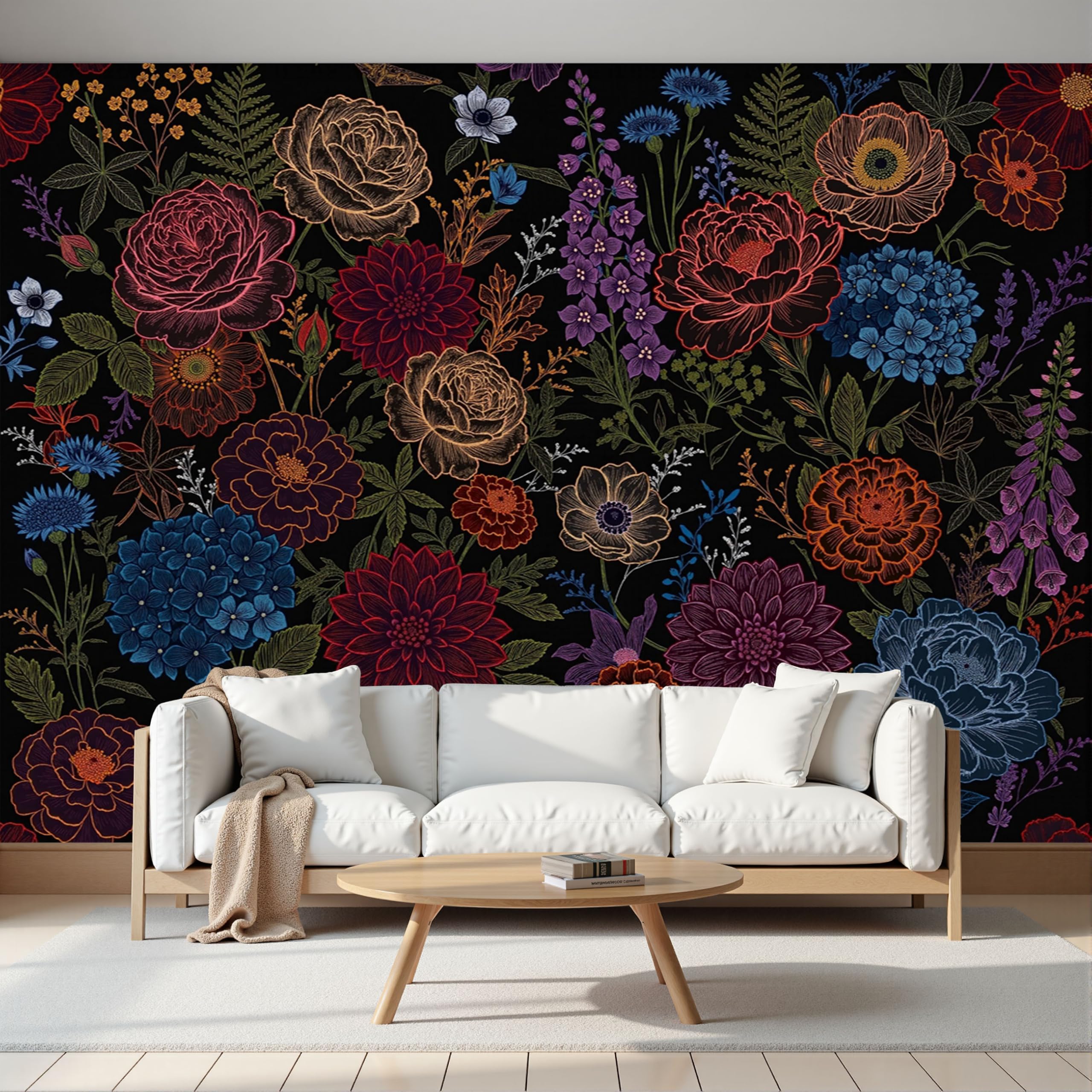 Carta Da Parati Linee floreali scure, Moda XXL Design Disegno a linea di rosa Fotomurali in Seta 300x210cm Moderna Decorazione da Parete per Camera da Letto Soggiorno Nero e rosso