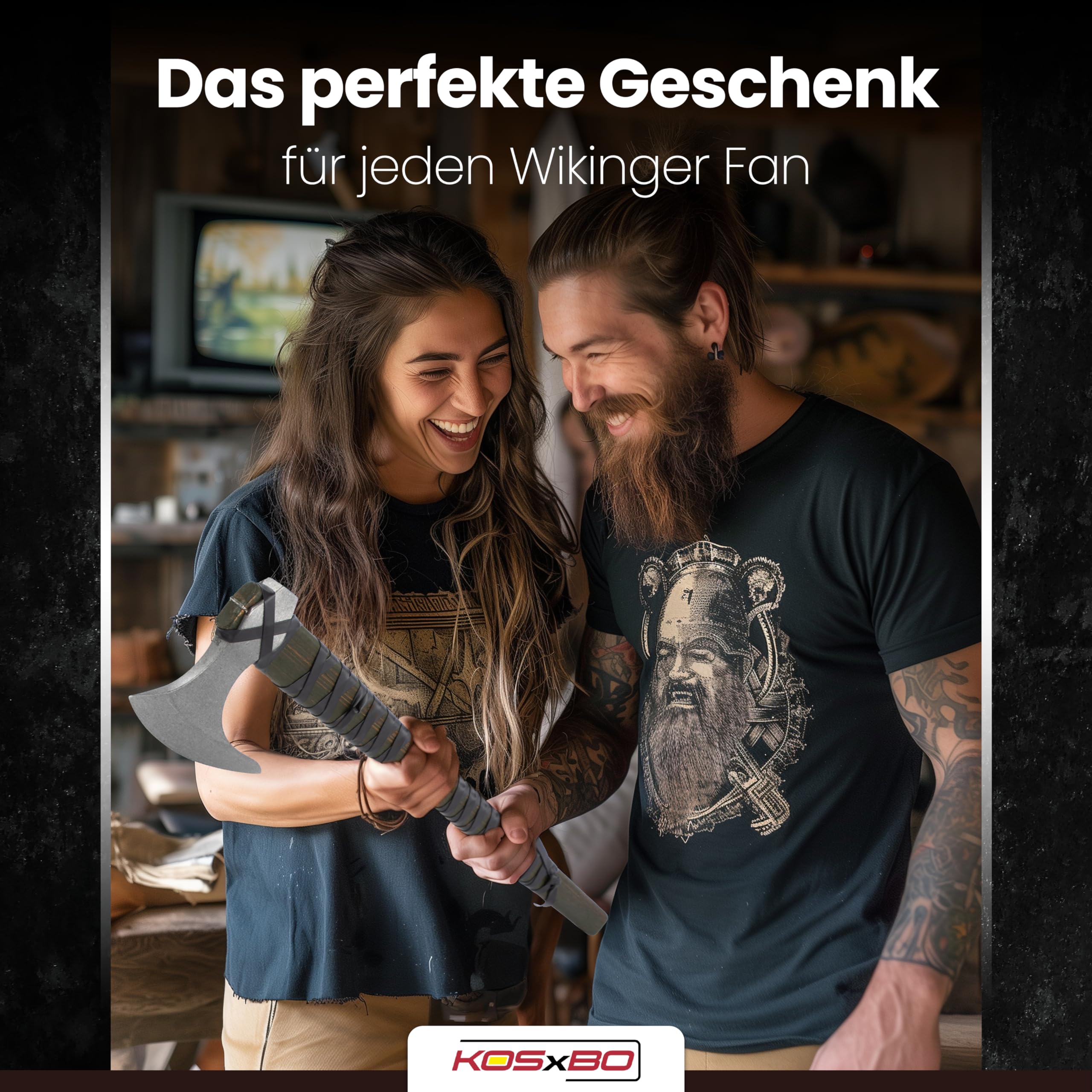Wikinger Axt - Ragnar Lothbroks Kriegsaxt - Kampfaxt Vikinger - Streitaxt Metall - 63 cm Deko Wikinger Kampfaxt mit Schild aus Holz