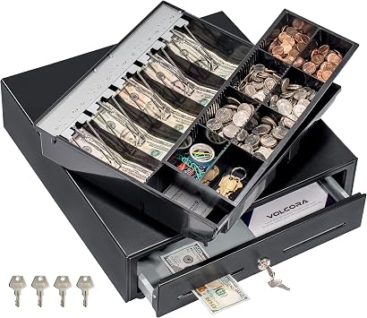 Volcora Cash Register Drawer for Point of Sale POS System with Fully Removable 2 Tier Cash Tray, 5 Bill/8 Coin, 12-24V, RJ11/RJ12 Key-Lock, Double Media Slot, Black