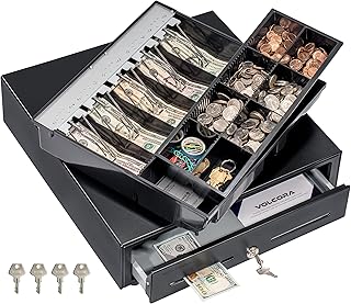 Volcora Cash Register Drawer for Point of Sale (POS) System with Fully Removable 2 Tier Cash Tray, 5 Bill/8 Coin, 12-24V, RJ11/RJ12 Key-Lock, Double Media Slot, Black