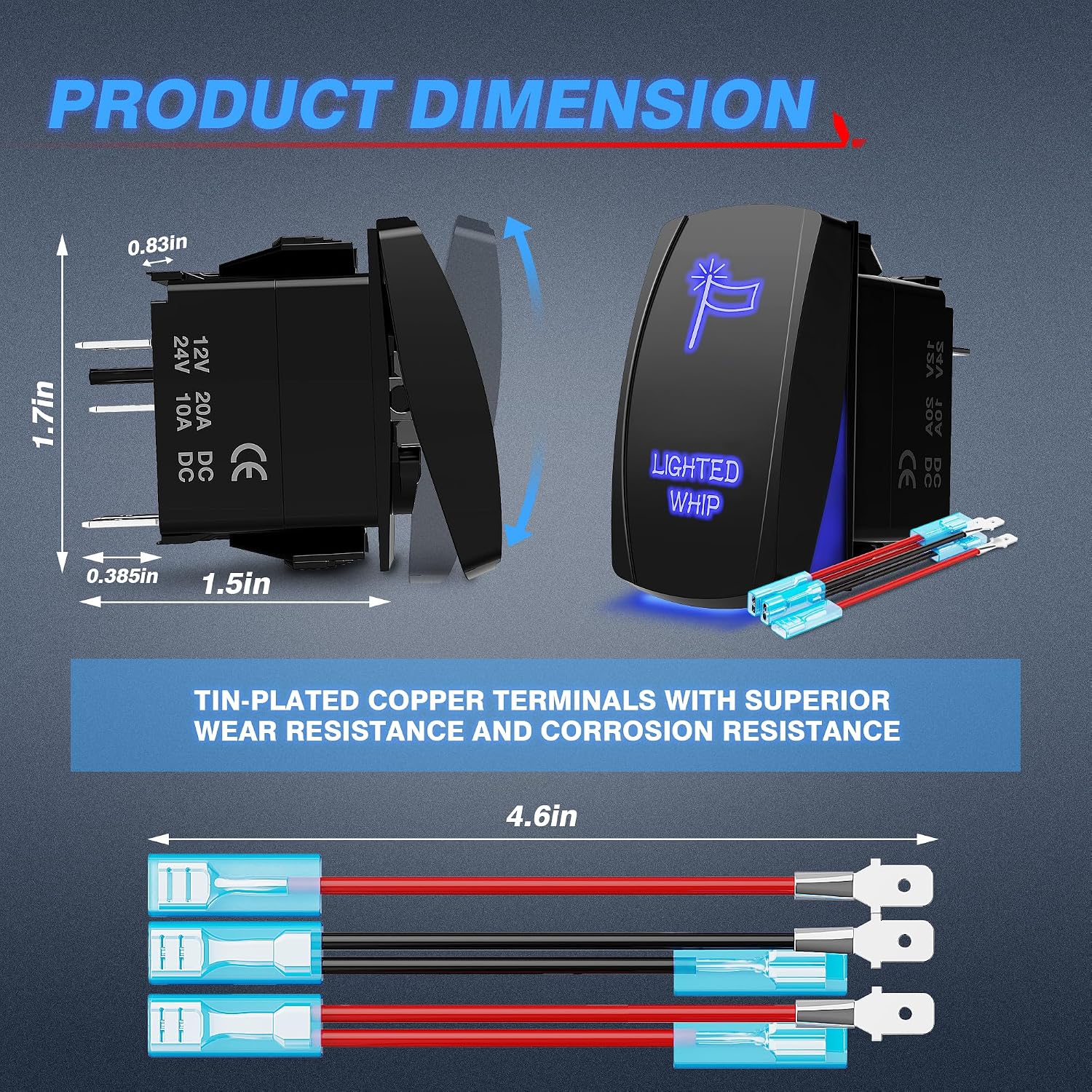 MICTUNING MIC-LSW1 5Pin Laser Lighted Whip Rocker Switch On-Off LED Light 20A 12V, Blue
