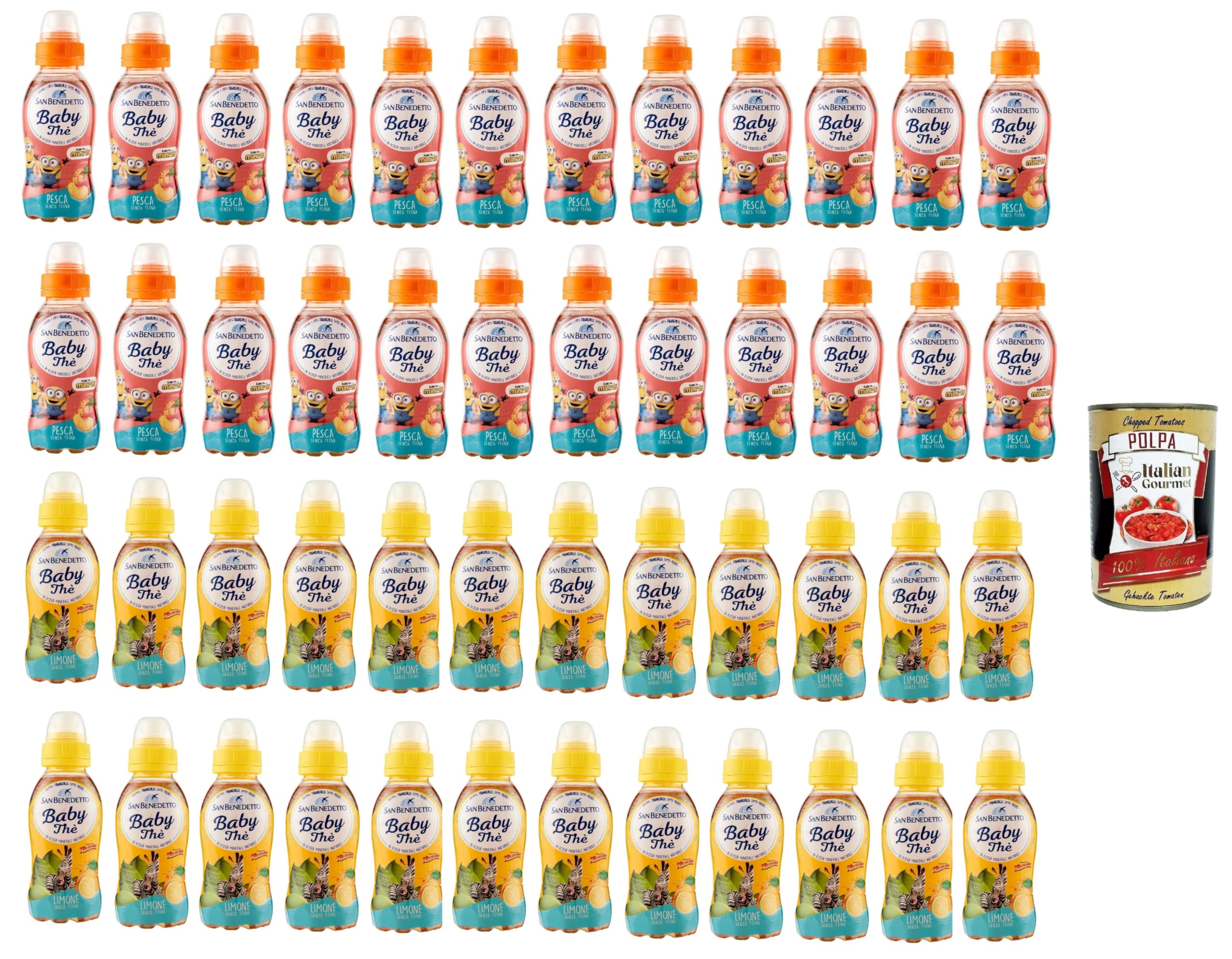 San benedetto Thè baby Testpaket, the deteinato alla pesca e limone entcoffeiniert, Soft drink, peach and lemon tea decaffeinated, Eistee Pfirsich und zitrone 48x 25cl + Italian Gourmet polpa 400g