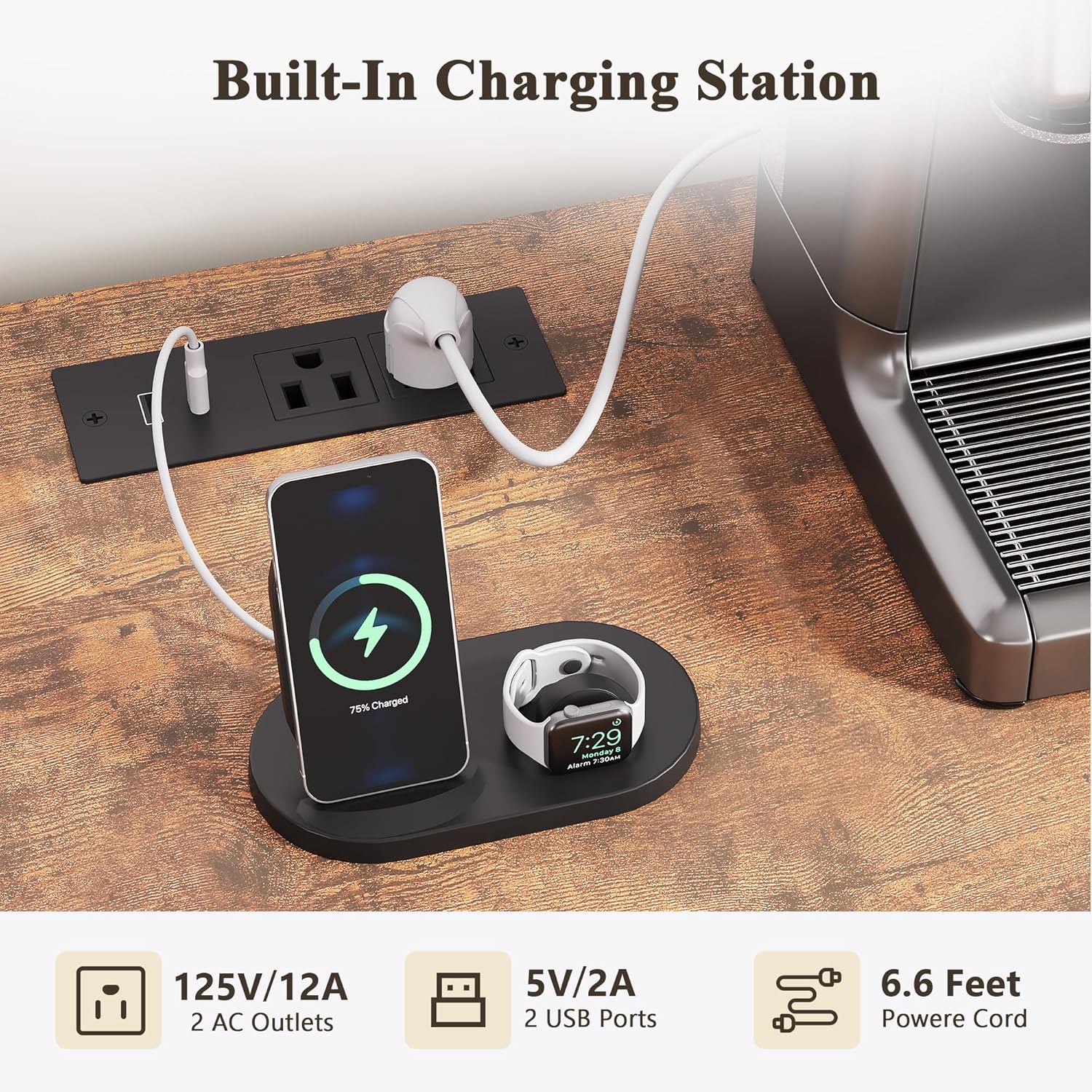 Close-up of the built-in charging station on the Jocoevol bar cabinet, showing AC outlets and USB ports.
