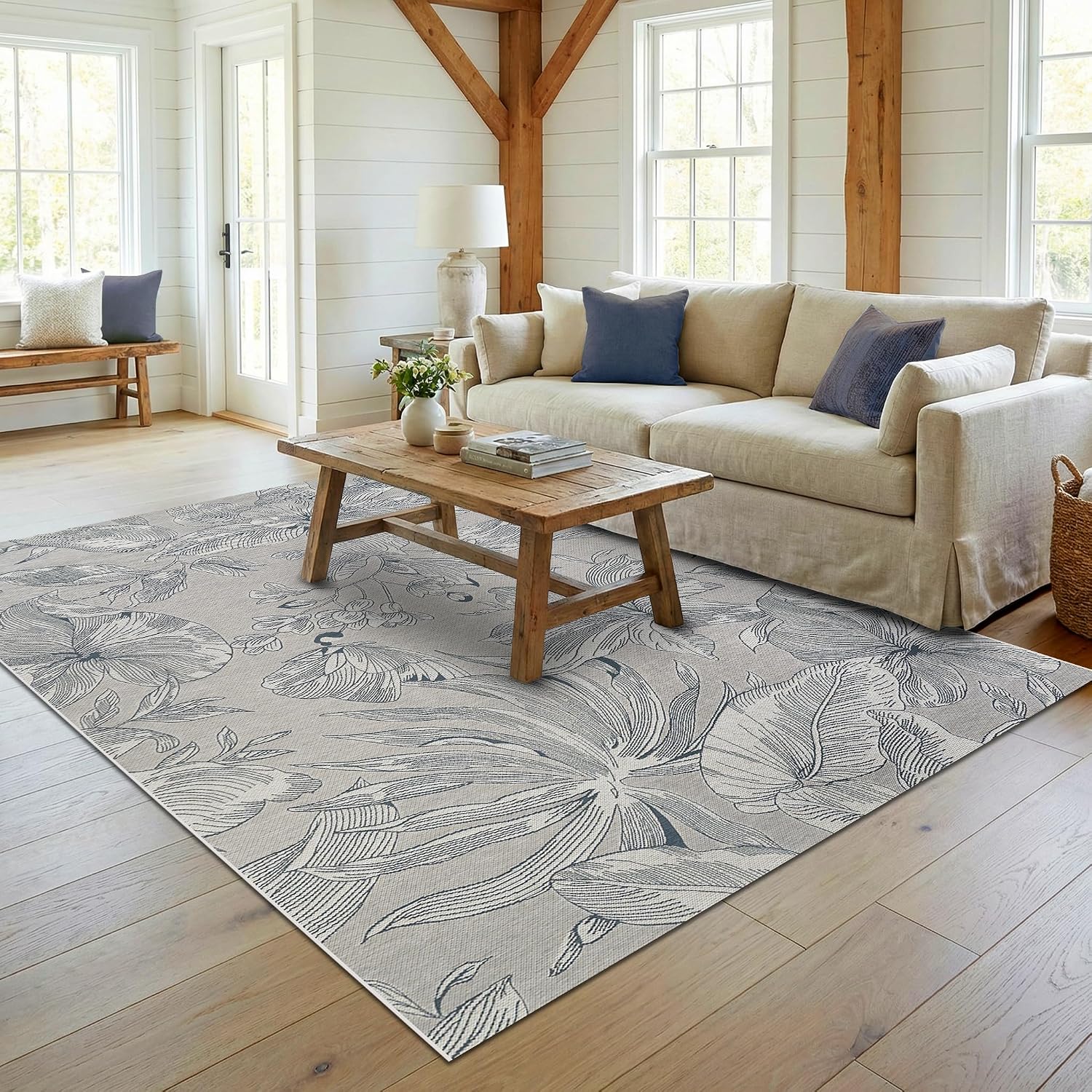 Couristan Dolce Flora 5'3" x 7'6" Argento Silver Gray Blue Botanical Floral Indoor Outdoor Area Rug - Hose Washable Flat Weave, UV-Protected, Patio Sunroom Living Room Dining Room