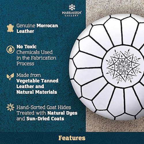 Miniatura 111 de Marrakesh Gallery - Funda de puf marroquí, otomana redonda y grande de piel, decoración bohemia para sala de estar, reposapies, sin relleno Marrón