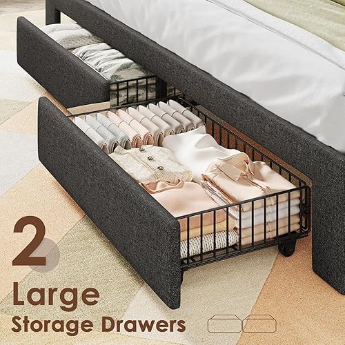 Miniatura 5 de Base de cama Queen con cabecera de almacenamiento de 2 niveles, marco de cama tapizado tamaño Queen con 2 cajones, estación de carga y luces LED, no