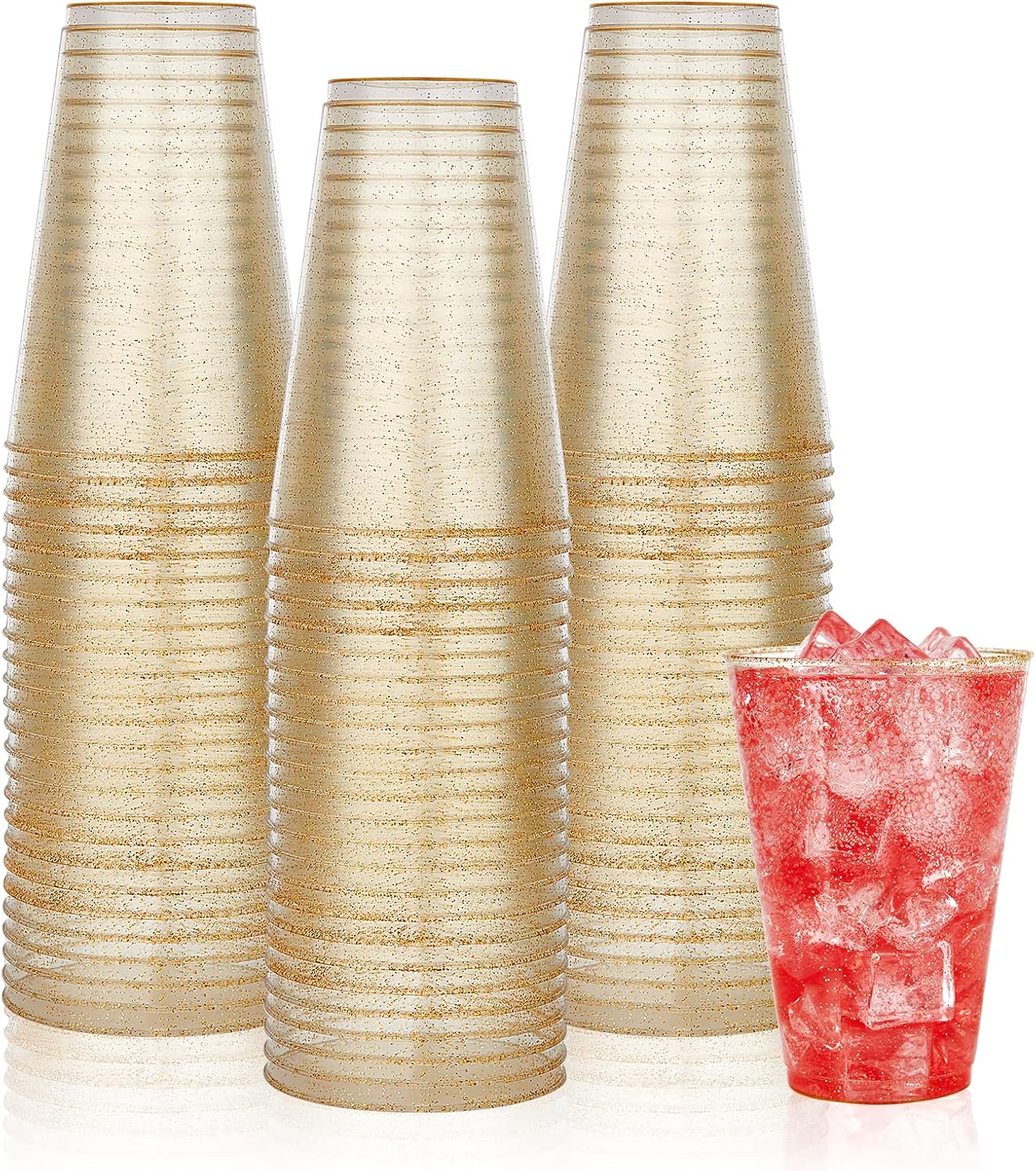 Vplus 100 Pack 14 OZ Gold Glitter Plastic Cups, Hard Gold