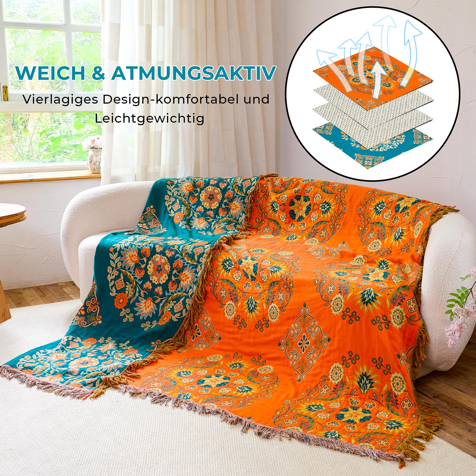 HOORDRY Colcha de algodón, manta para sofá con estampado, 150 x 200 cm, de doble cara, estilo bohemio, reversible, para ver la televisión o en la silla, cama individual