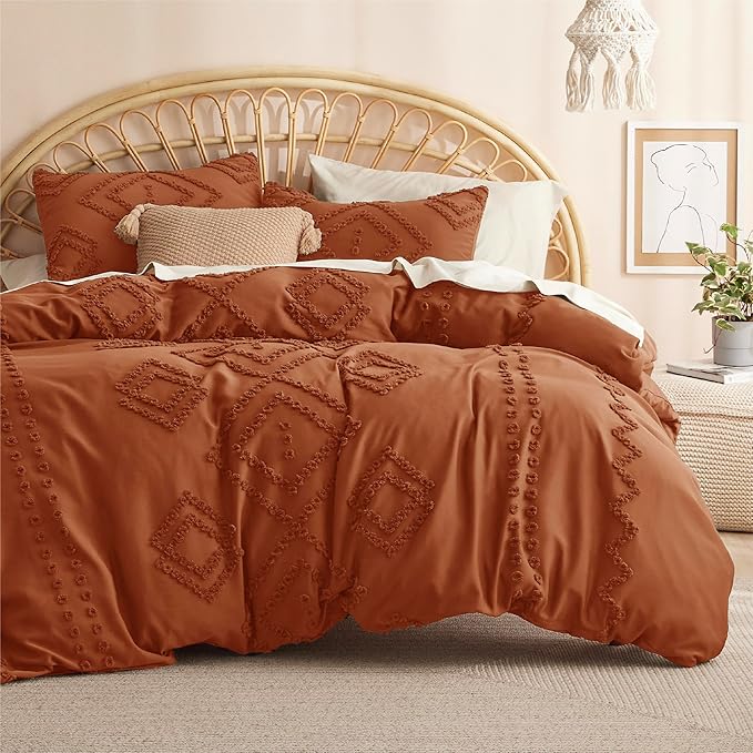 Bedsure Duvet Cover King Size - Boho Duvet Cover Sets for All Seasons, 3 Pieces Chic Geometric Tufted Home Bedding, Comforter Not Included (Terracotta, King, 104" x 90")