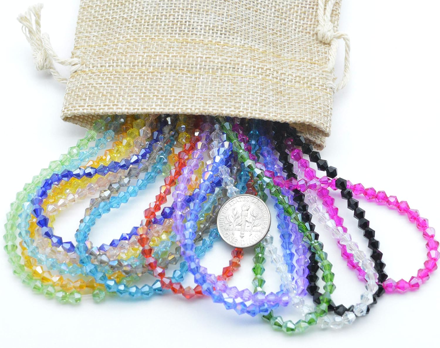 4mm Bicone Crystal Glass Beads Briolette Rondelle Bead for Jewelry Making Assorted 15 Color Faceted Spacer Beads with Gunny Sack (4MM-1350pcs)
