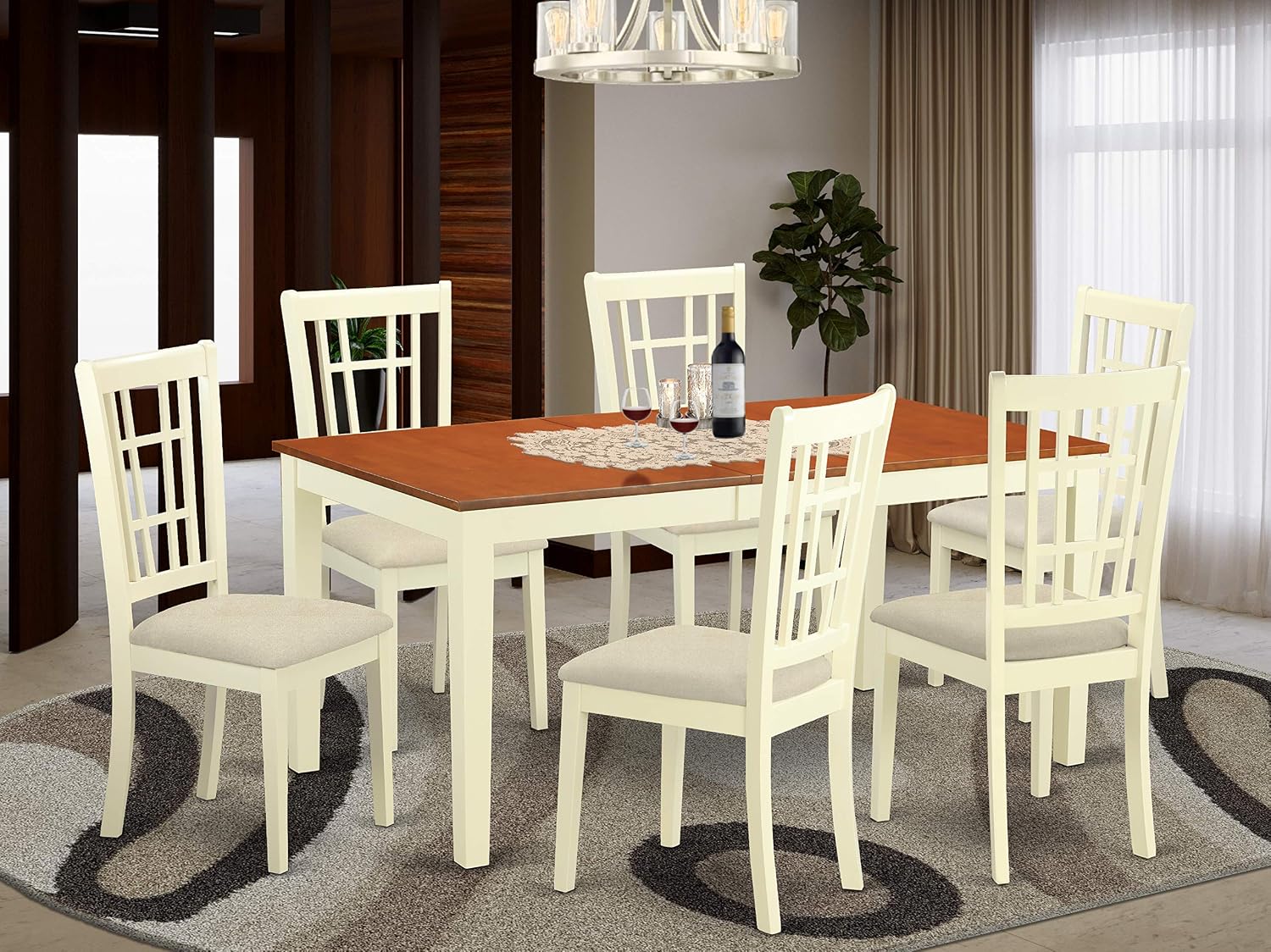 East West Furniture NICO7-WHI-C 7 Piece Dining Set Consist of a Rectangle Dining Room Table with Butterfly Leaf and 6 Linen Fabric Upholstered Chairs, 36x66 Inch, Buttermilk & Cherry