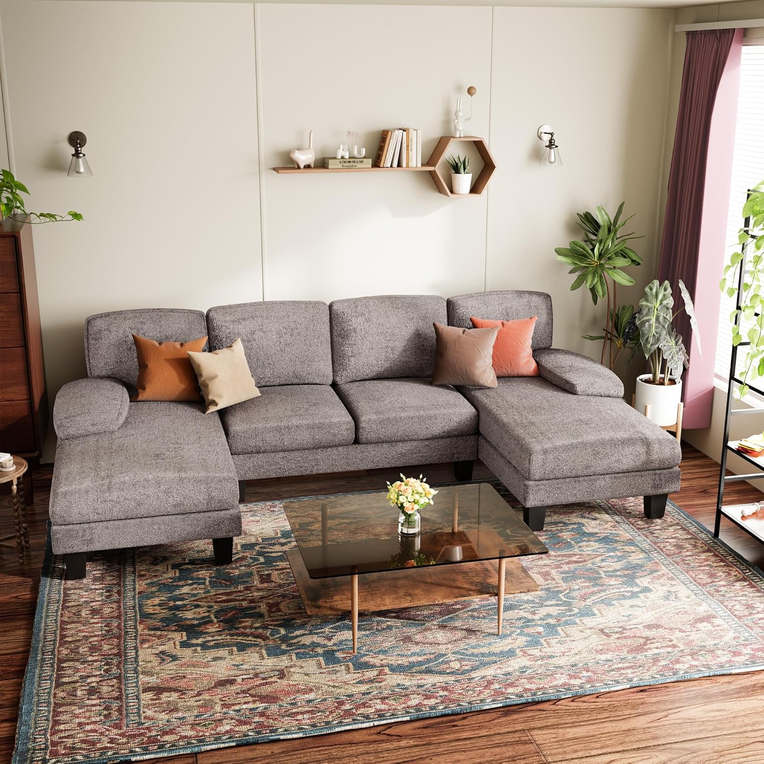 YESHOMY Sectional Couch for Living Room, Modern Cloud Couch with Deep Seat and Chaise, U-Shaped Sofa Couches with Padded Armrest for Small Apartment (Chenille, Grey)