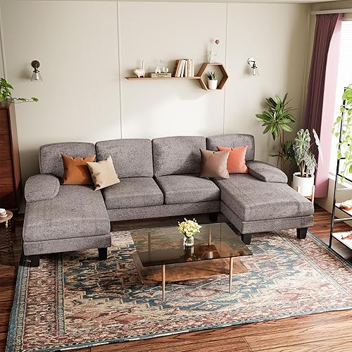 YESHOMY Sectional Couch for Living Room, Modern Cloud Couch with Deep Seat and Chaise, U-Shaped Sofa Couches with Padded Armrest for Small Apartment (Chenille, Grey)