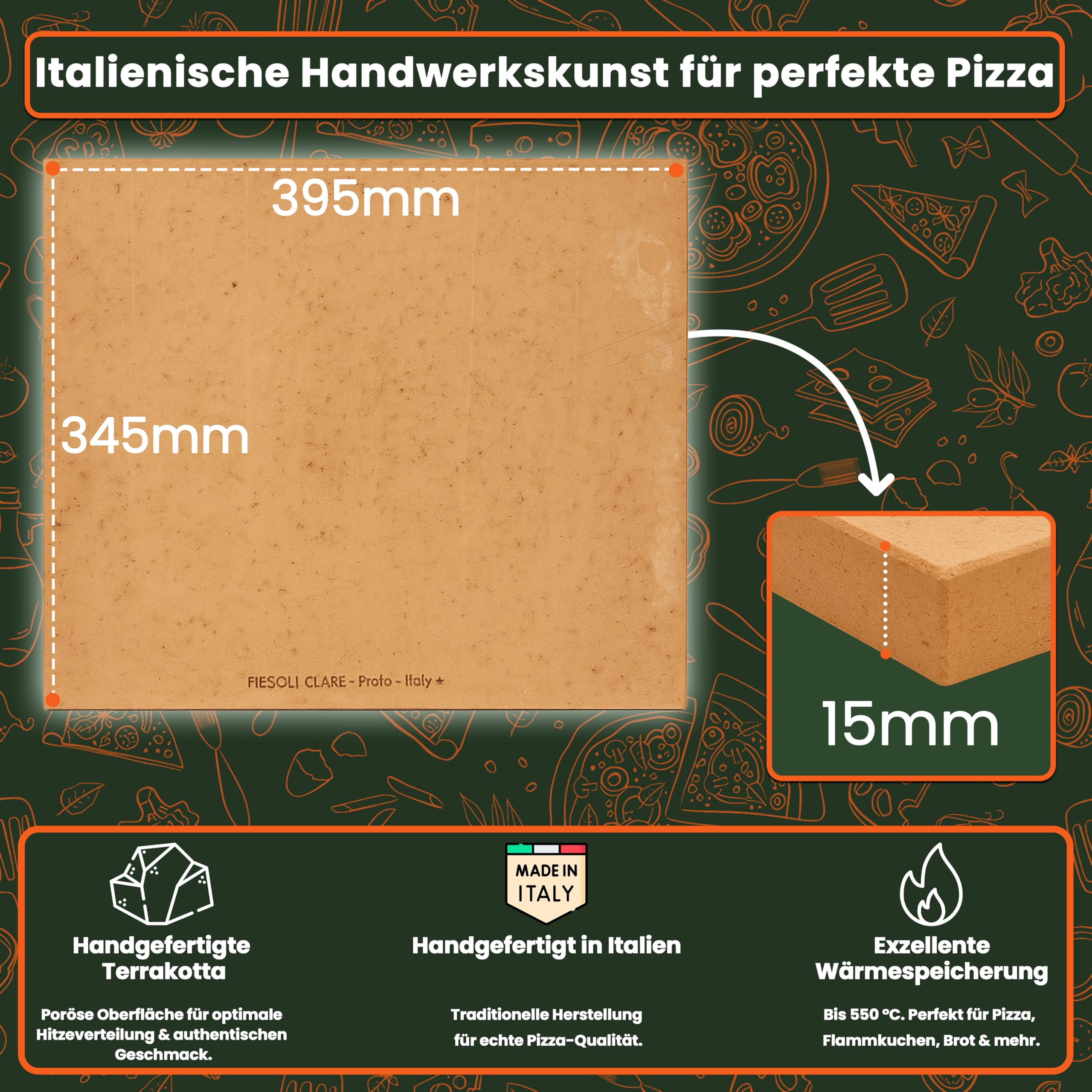 Biscotto Pizzastein für Backofen 39,5x34,5x1.5 cm – Handgefertigter Terrakotta-Ersatz-Backstein für EffeUno P134H, P134HA, P234, Meoven, Hitzespeicherung bis 500 °C für perfekte Pizza & Brot