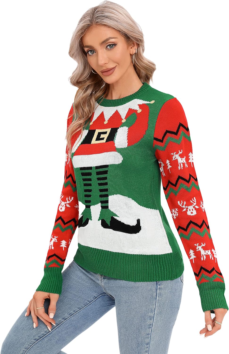 LUBOT Ugly Christmas Sweaters for Women Cute Fuzzy Funny Wintertime and Holiday Parties Knitted Pullover Sweater Elf-2XL