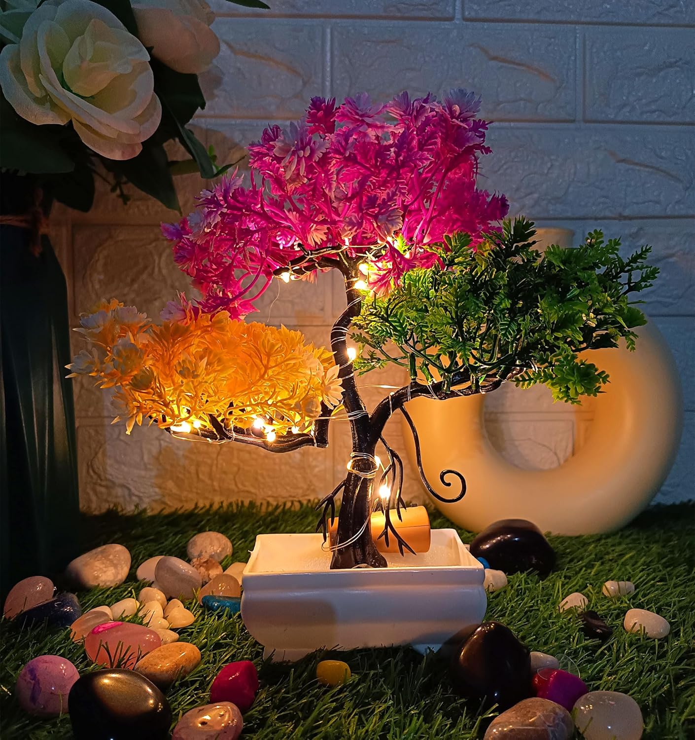 Dodecroo® Plastic Faux Bonsai Plant Potted Tree with LED (24cm) Small Potted Faux Plants | Artificial Plants with Pot | Indoor Potted Plants | Home Decor, Office, Room, Computer Table (Rainbow)