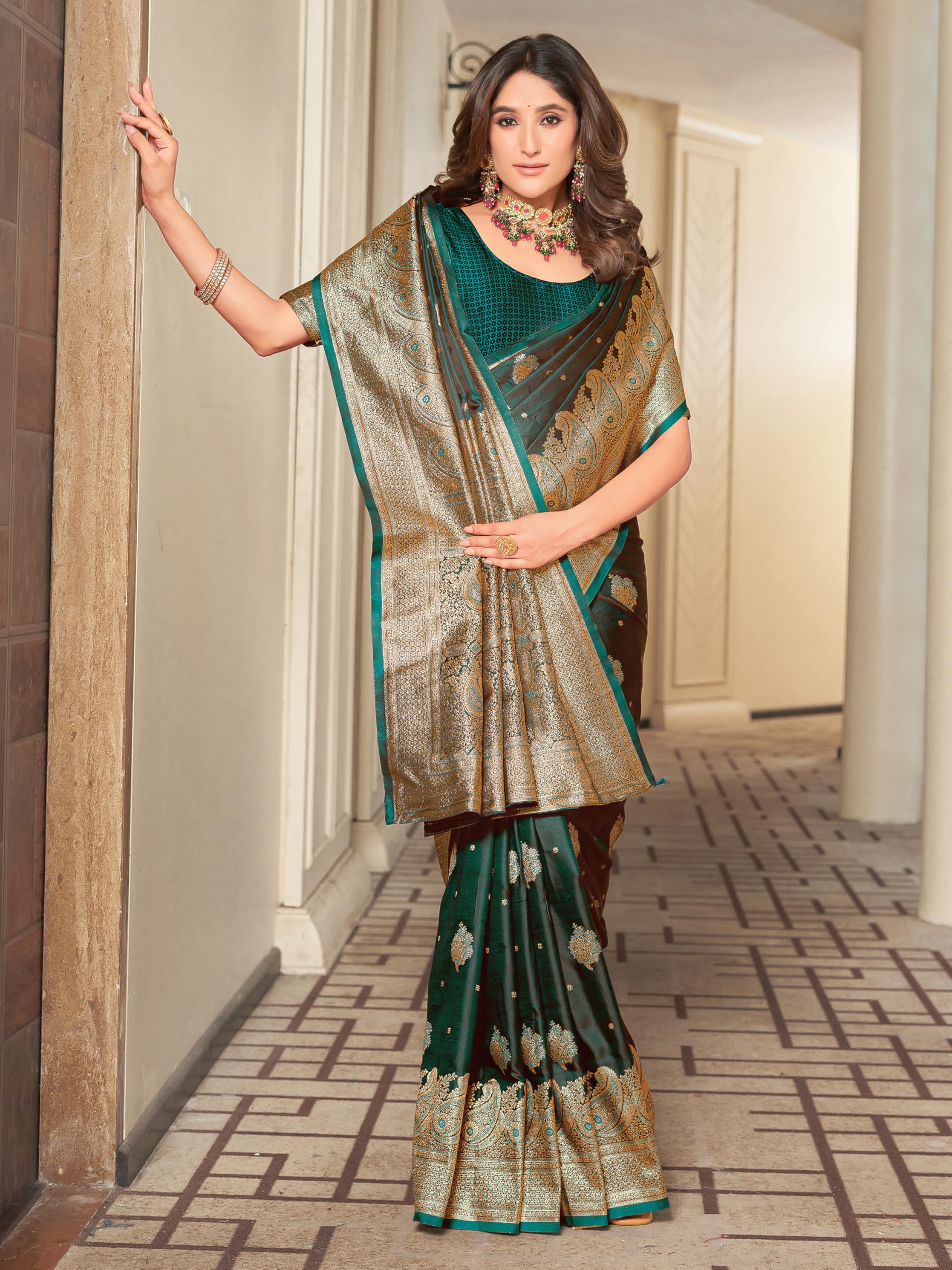 Glory Sarees Banarasi Damen-Sari, Satin, Seide, elegant verarbeitet, anmutiges Design mit Blusenteil (Satin Silk_Parent)