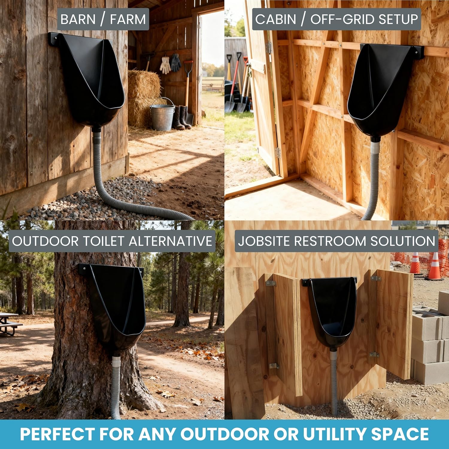 Waterless Urinal with Hose (Black) - UV Resistant Outside Urinal, Outdoor Plastic Urinals, Outdoor Toilet, Garage Urinal, Urine Diverter, Urinals For Men Bathroom