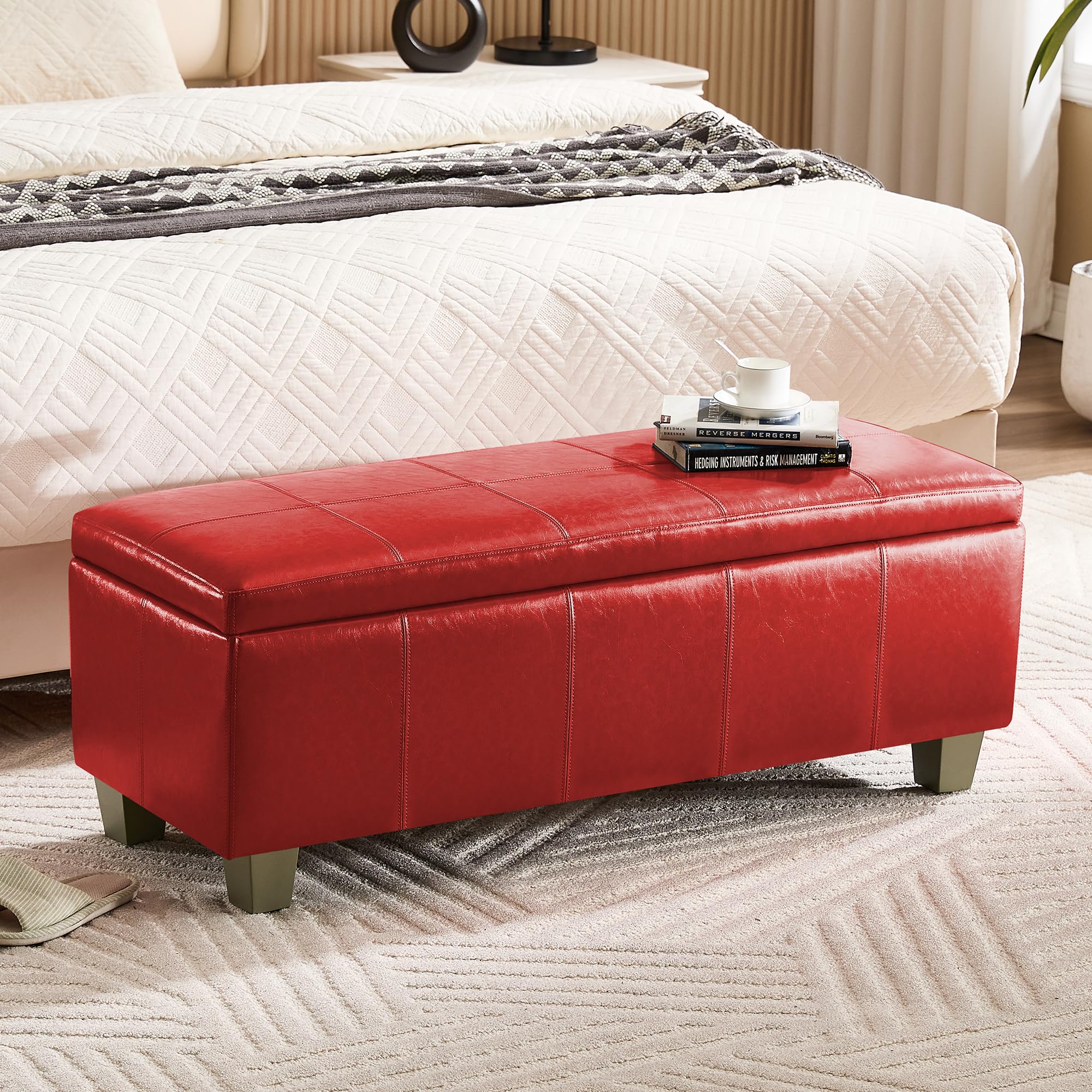WUTUTUEE 41" Faux Leather Storage Ottoman, Stitch Tufted Rectangle Upholstered End of Bed Storage Bench, Entryway Large Couch Ottoman with Wooden Legs, Red