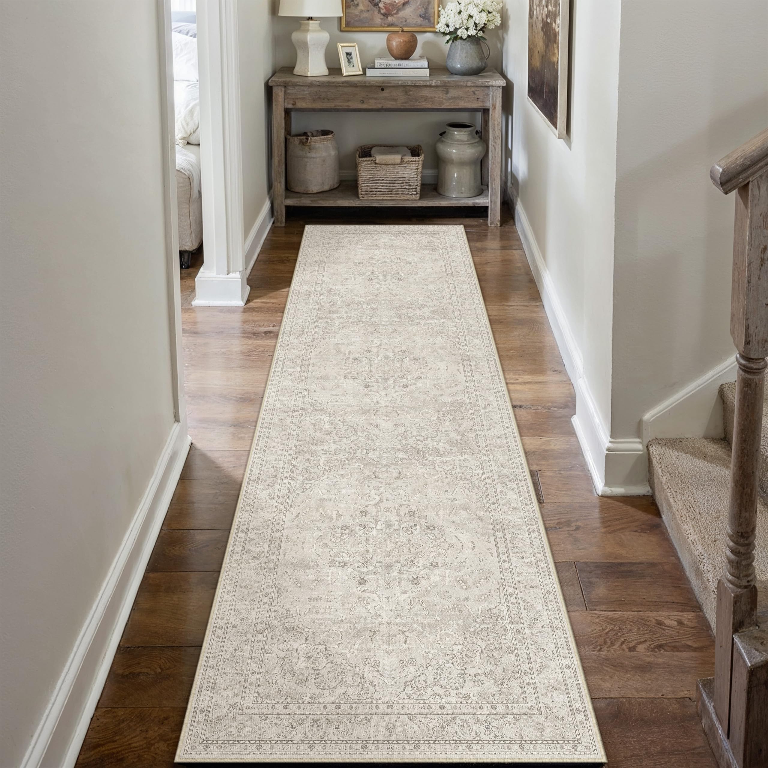 PureCozy Beige 2x8 Runner Rug Washable Vintage Carpet Hallway Kitchen