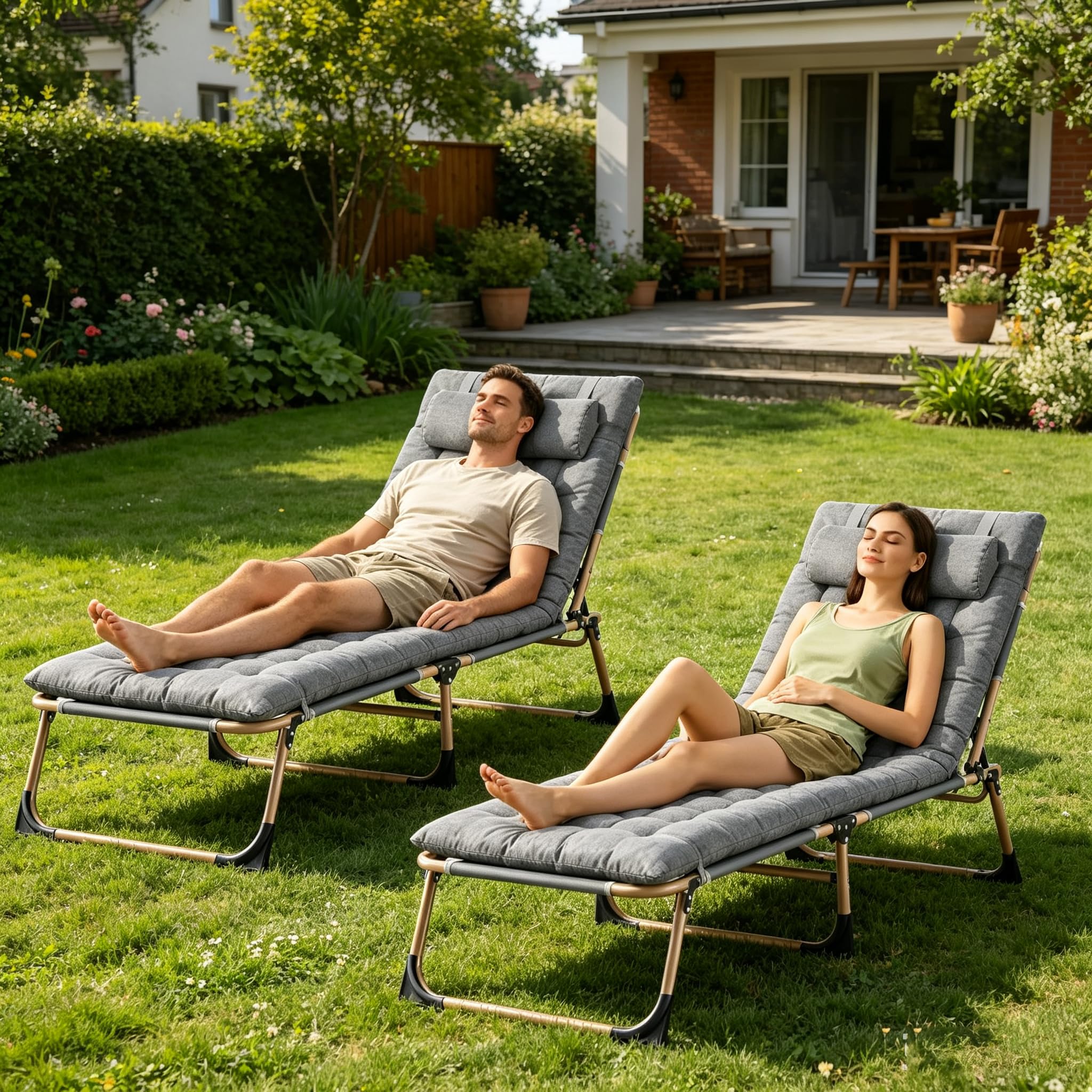 JAMK Folding Sun Lounger Bed Chair with Cushion and Bag with 3 Recline Positionsβ Extra Wide Portable & Foldable Sunbed with 10cm Breathable Oxford Fabric for Garden, Patio, Camping(Grey, 2pcs)