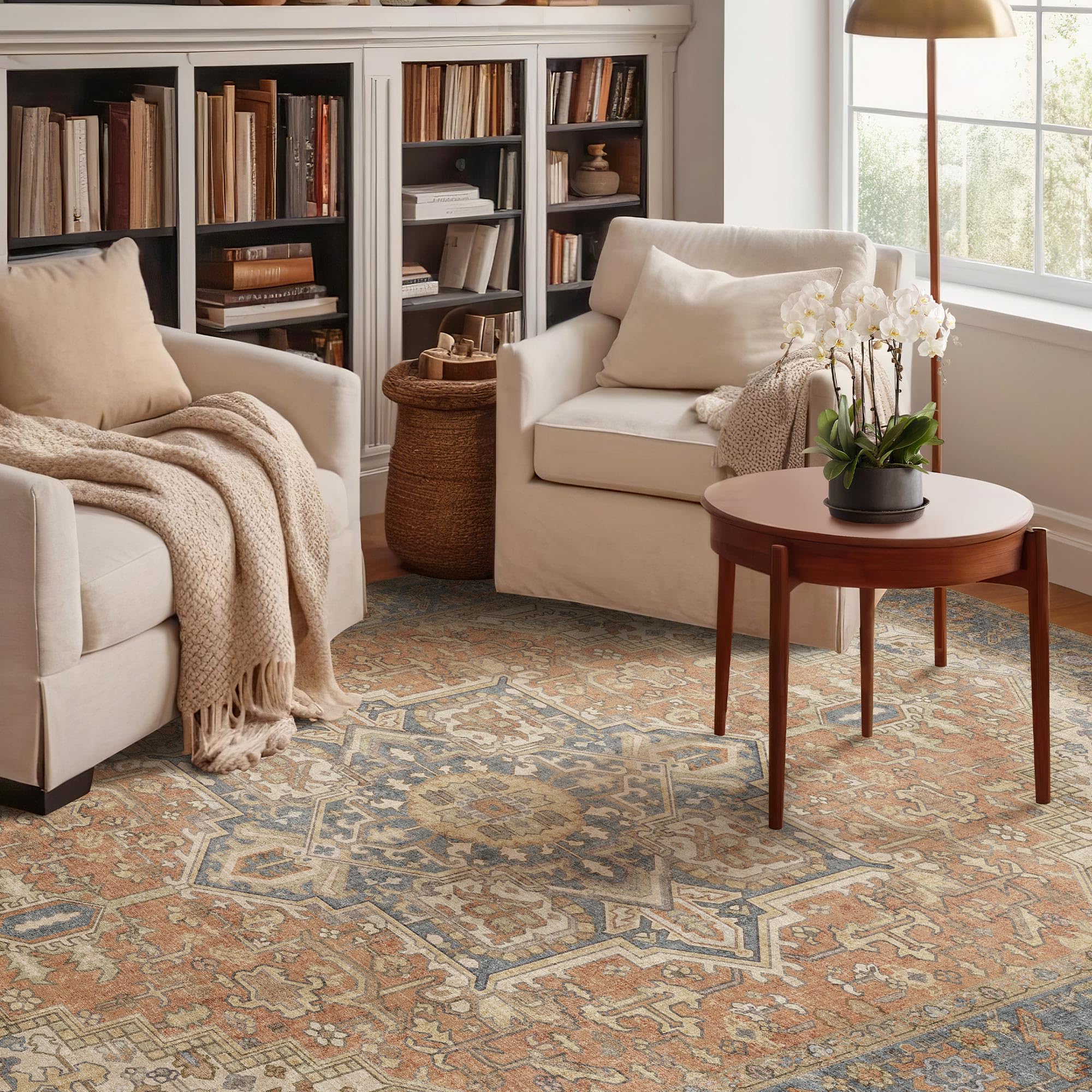 Kokia 5x7 Washable Area Rugs Terracotta with Vintage Orient Design, Soft Rug for Living Room or Bedroom, Non-Slip Low Pile Stain Resistance Features,