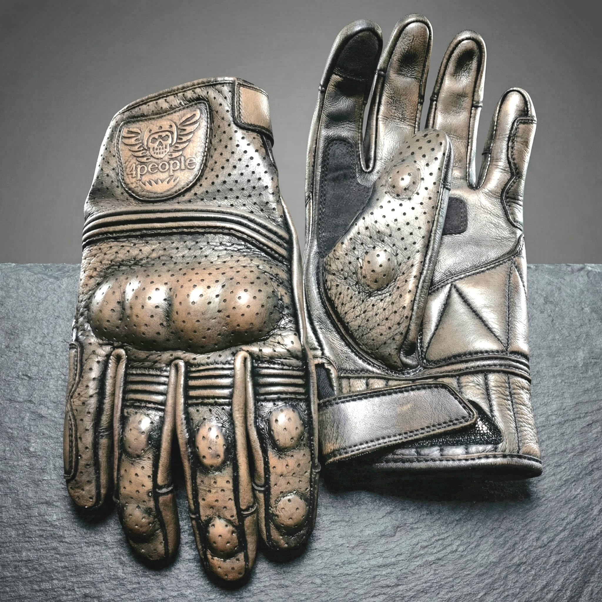Iron Rider Gants Moto en Cuir Homme - Gants Biker Vintage avec Protection Nudages, Respirants, Style Café Racer, Gants Moto Été et Conduite Urbaine