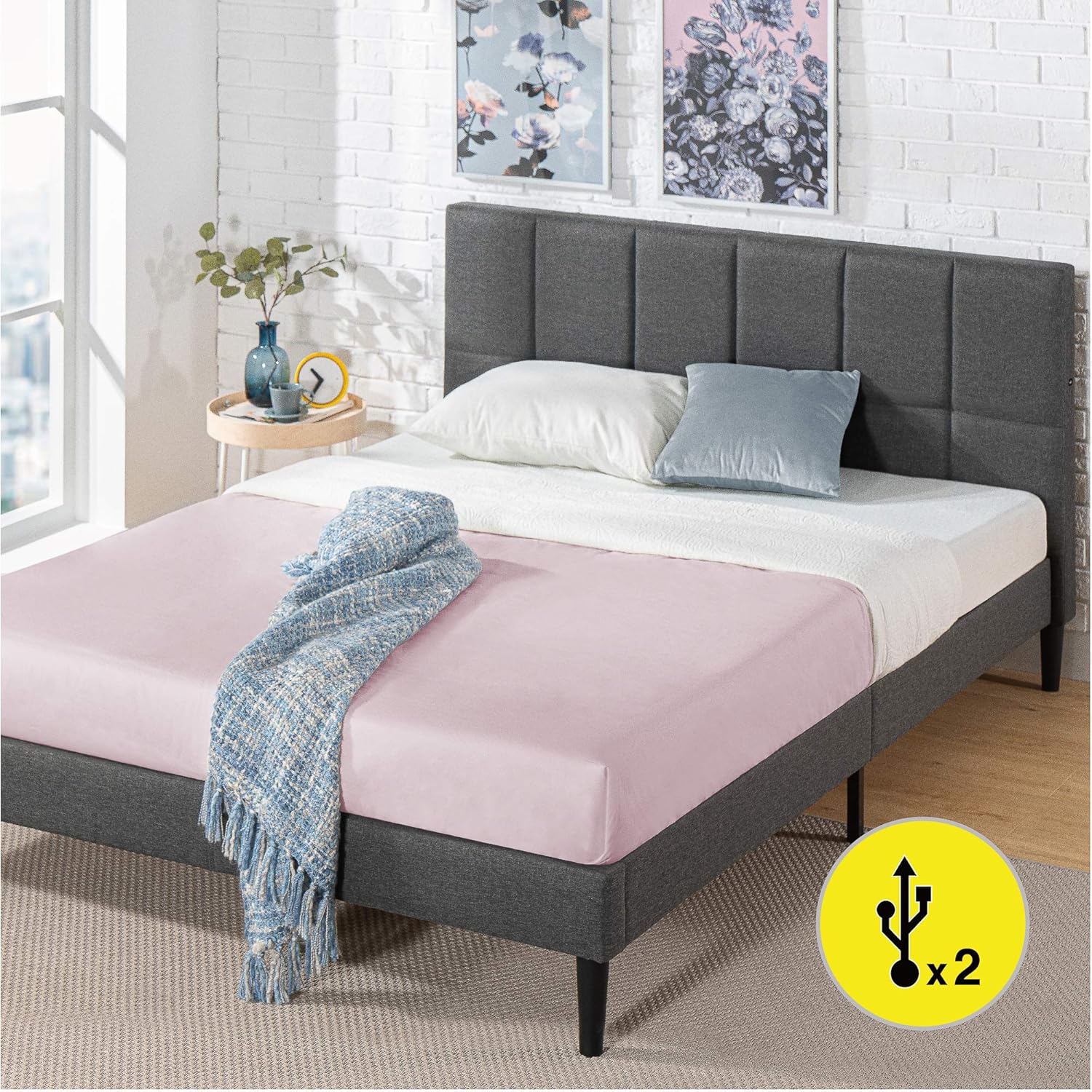 Zinus Lottie Upholstered Platform Bed Frame with Short Headboard and USB Ports, Mattress Foundation, Wood Slat Support, No Box Spring Needed, Easy Assembly, Grey, Queen