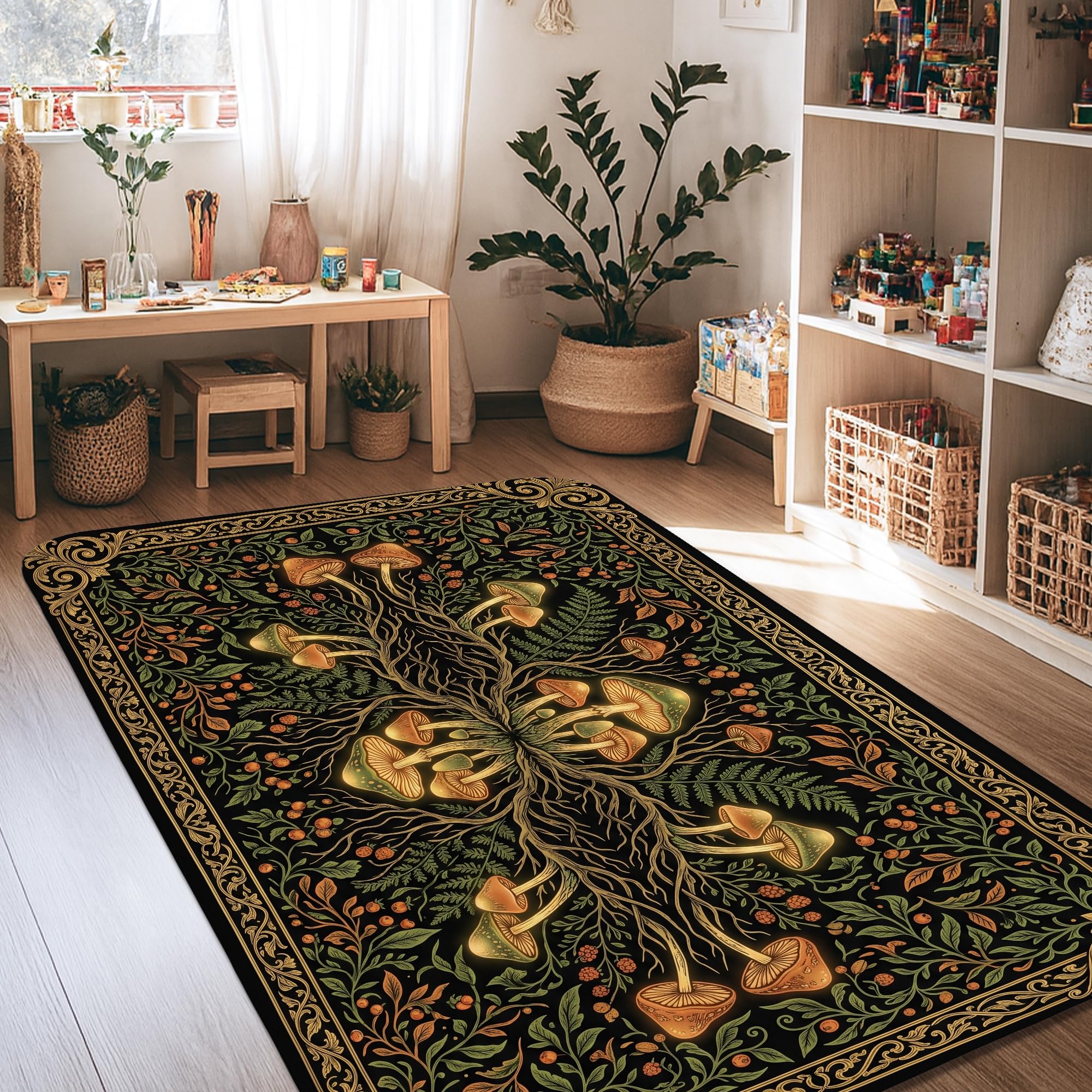 Alfombra de área de hongos negra para sala de estar y debajo de la cama