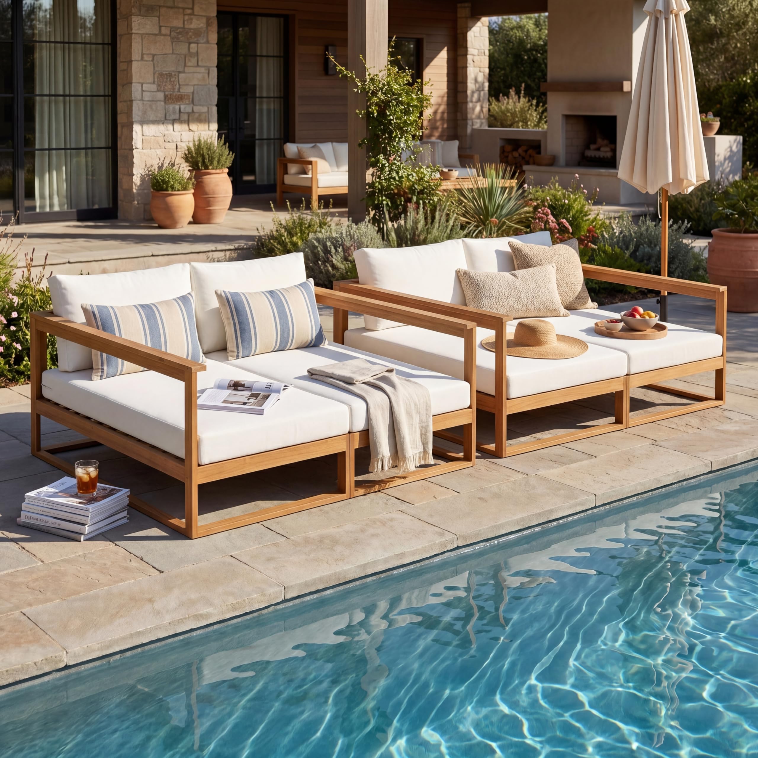 Photo 1 of Merax 2-Piece Teak Finish Acacia Wood Double Daybed with Beige Water-Resistant Cushions, 600 lbs Capacity, 4-Piece Removable Washable Cushion Set for Patio, Backyard & Outdoor Living, Teak+Beige