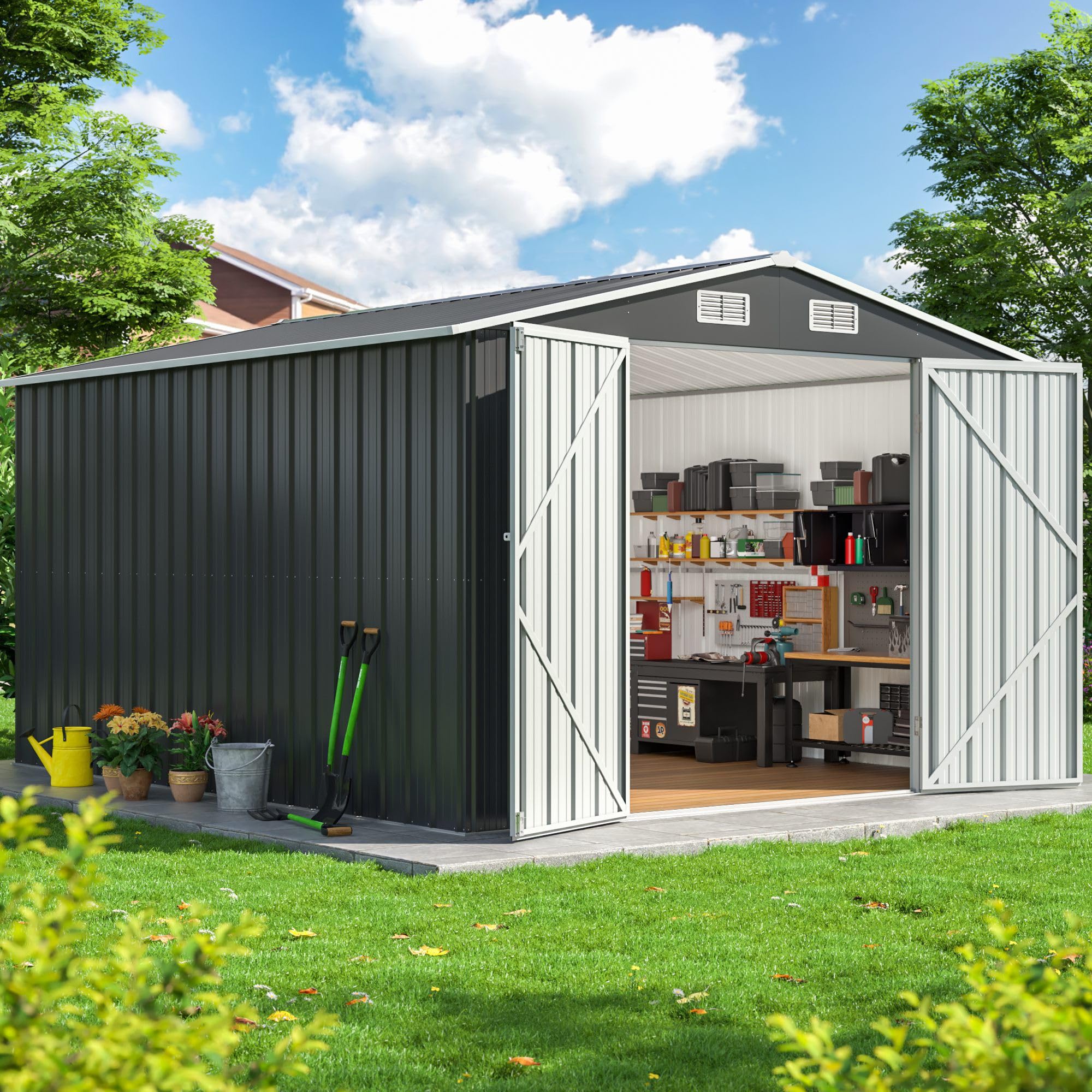 12x10 FT Outdoor Storage Shed, Metal Garden Tool Shed with Updated Frame Structure and Lockable Doors, Ideal for Backyard Garden Patio Lawn, Grey