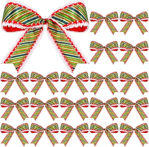 Dingion 20 lazos de Navidad adornos grandes para árbol de Navidad lazos de elfo de Navidad decoración de árbol de rayas rojo y verde