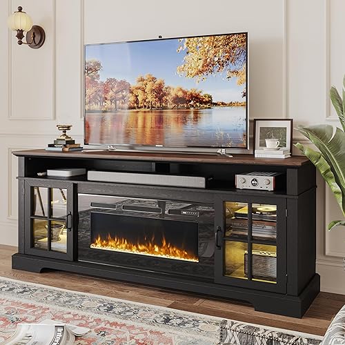 70" TV Stand with Electric Fireplace, Modern Entertainment Center for TVs Up to 80 Inches, Media Console with Storage Cabinets & Doors, Farmhouse Style for Living Room, Black