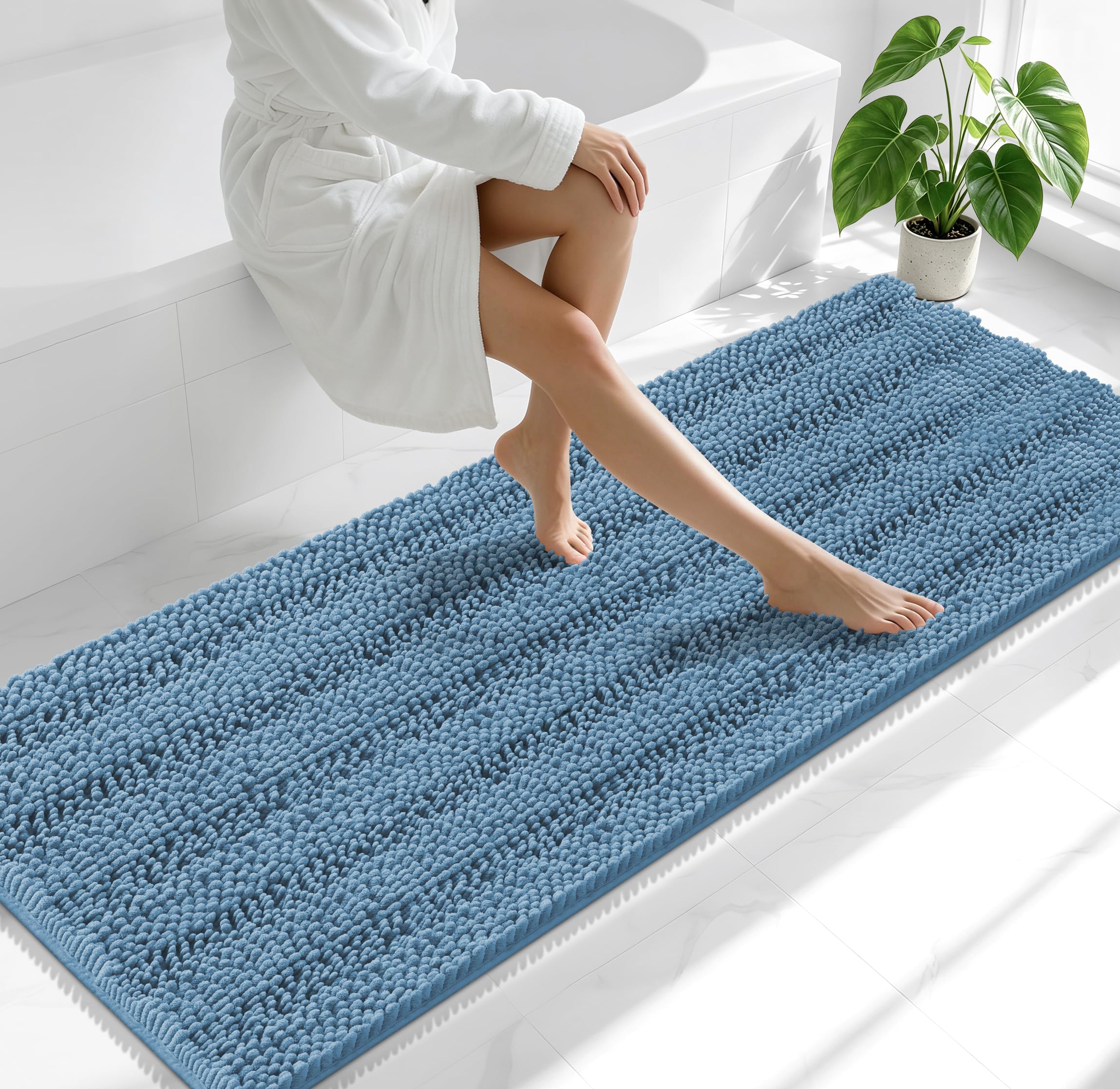 Smiry Thick Chenille Bathroom Runner Rugs 70x24, Soft Bath Mat, Airy Blue