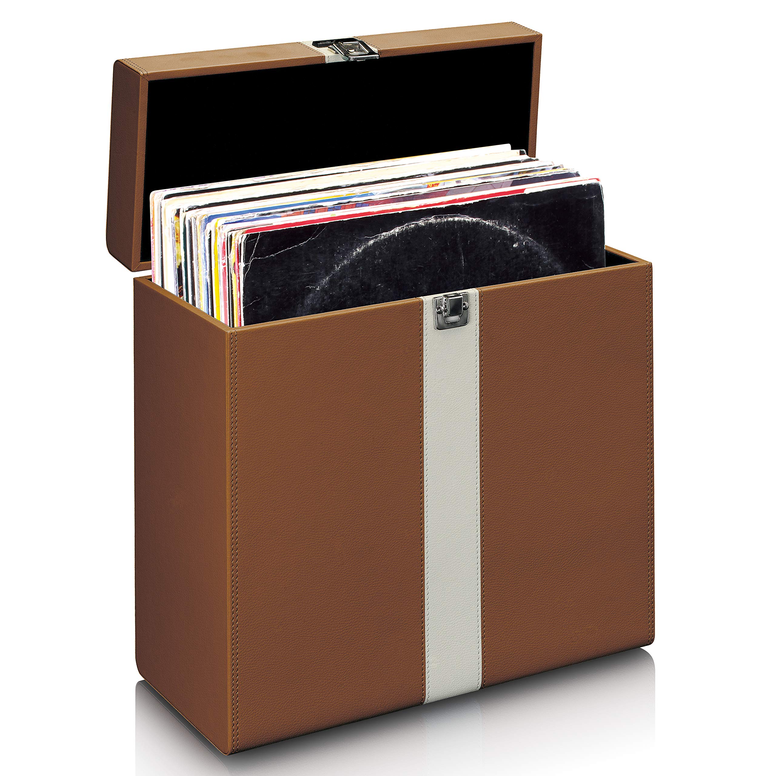 Lenco 810063 classic phono tta-301 - custodia per 30 dischi in vinile con maniglia per il trasporto e fibbia in metallo, fodera protettiva in velluto marrone/bianco