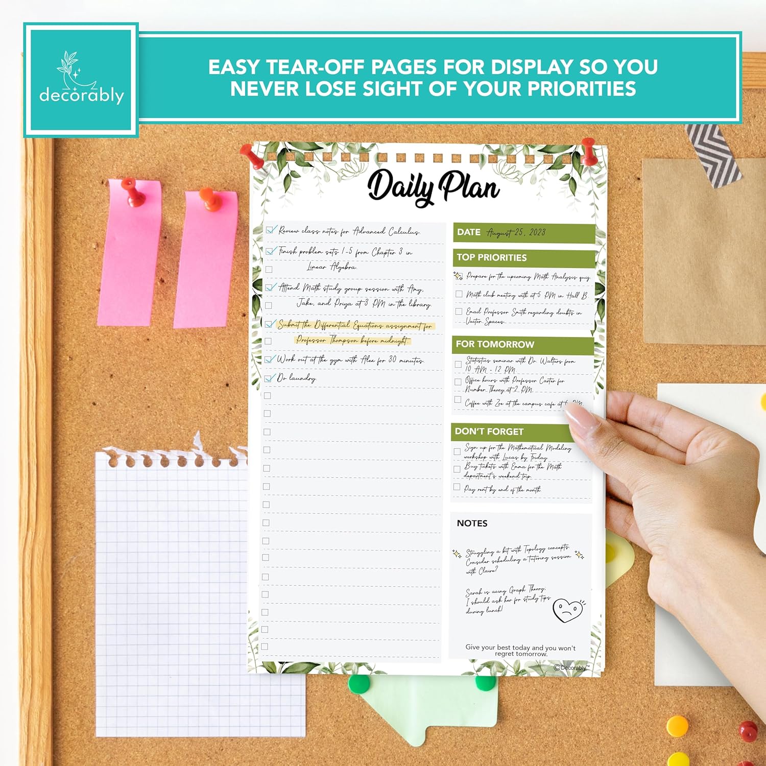 Decorably 52 Sheets Forest-Themed Undated Daily Planner Notepad, 6.5x10in Spring-Bound, Easy Tear-Off Design, with to-do List, Priorities, Checklist, Agenda, Reminders, Notes - Home, School, Office - Image 5