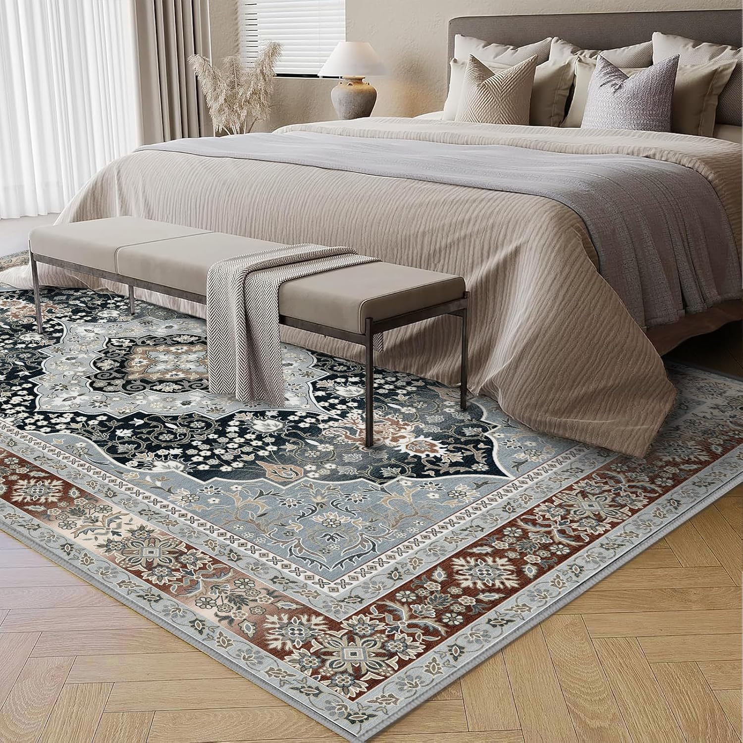 Washable 9x12 Area Rugs - Extra Large Rug for Living Room, Oriental Medallion Rugs for Bedroom, Office, Playroom, Under Table with Non Slip Backing Ultra-Thin Rug, Farmhouse Home Decoration, Red/Blue