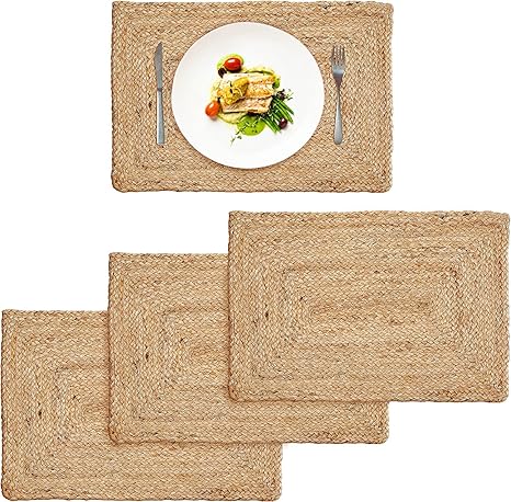 BLESSINDIA Braided Jute Rectangle Placemats for Bed-Side Table, Center Table, Dining Reversible Jute Table Mats 12x17 Inches Natural/Beige Set of 6