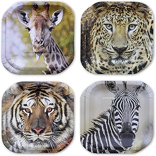 Havercamp Jungle Safari Paper Party Plates (16 pcs)! 16-7in. Square, Dessert Plates in Authentic, Life-Like Jungle Animal Faces! 4 ea. Leopards-Tigers-Giraffes-Zebras