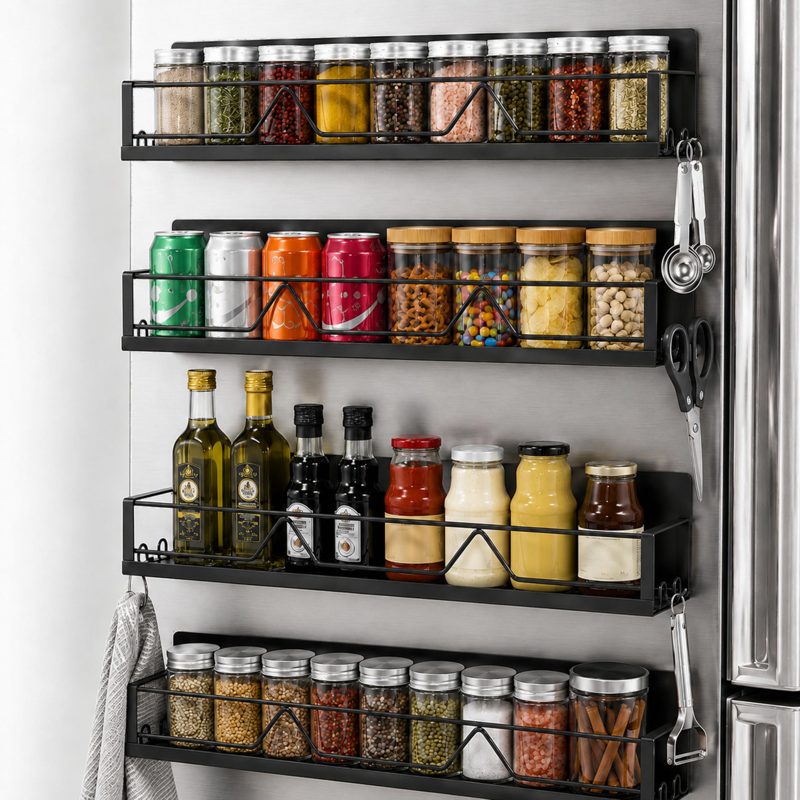Photo 1 of DEXONYX Magnetic Spice Rack for Refrigerator & Oven, 4 Pack XL Heavy Duty Magnetic Shelf for Fridge with Hooks, No Drill Rust Proof Shelves for Washer and Dryer, Sleek fridge magnet organizer