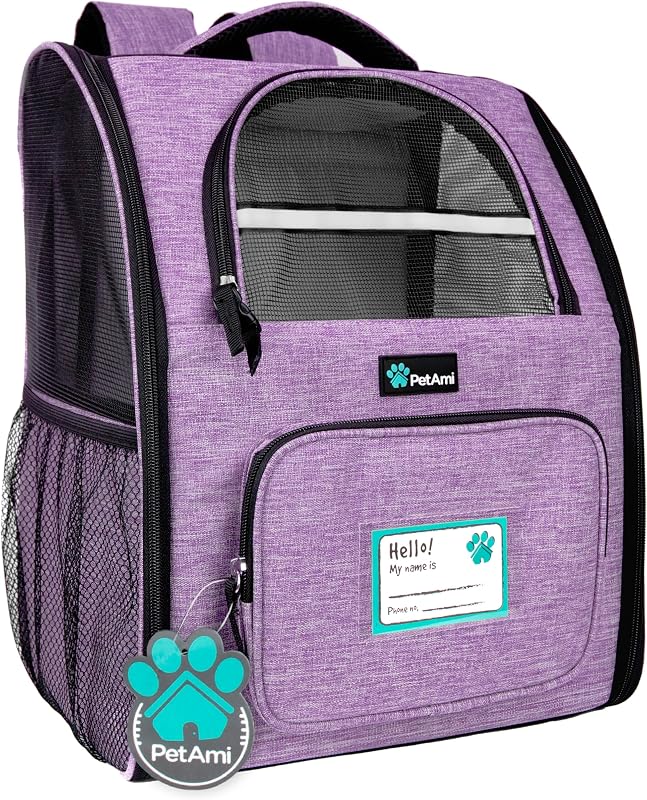 Mochila para Transporte de Cães e Gatos PetAmi com Entrada Lateral, Estrutura Reforçada e Tigela Dobrável, Roxa