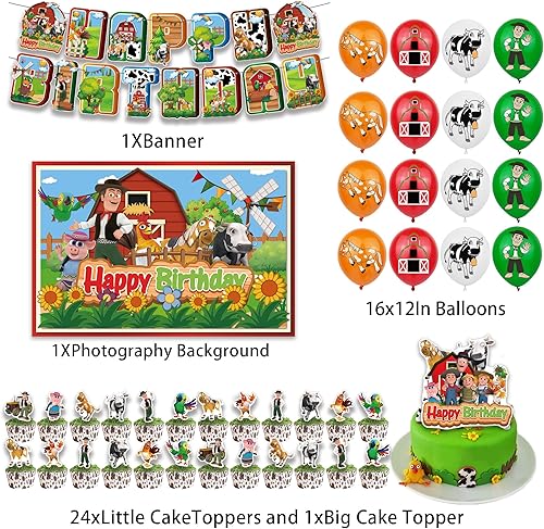 Miniatura 2 de Decoración de fiesta de cumpleaños con temática de granja, incluye pancarta de feliz cumpleaños, globos de látex, fondo, decoración de pastel y