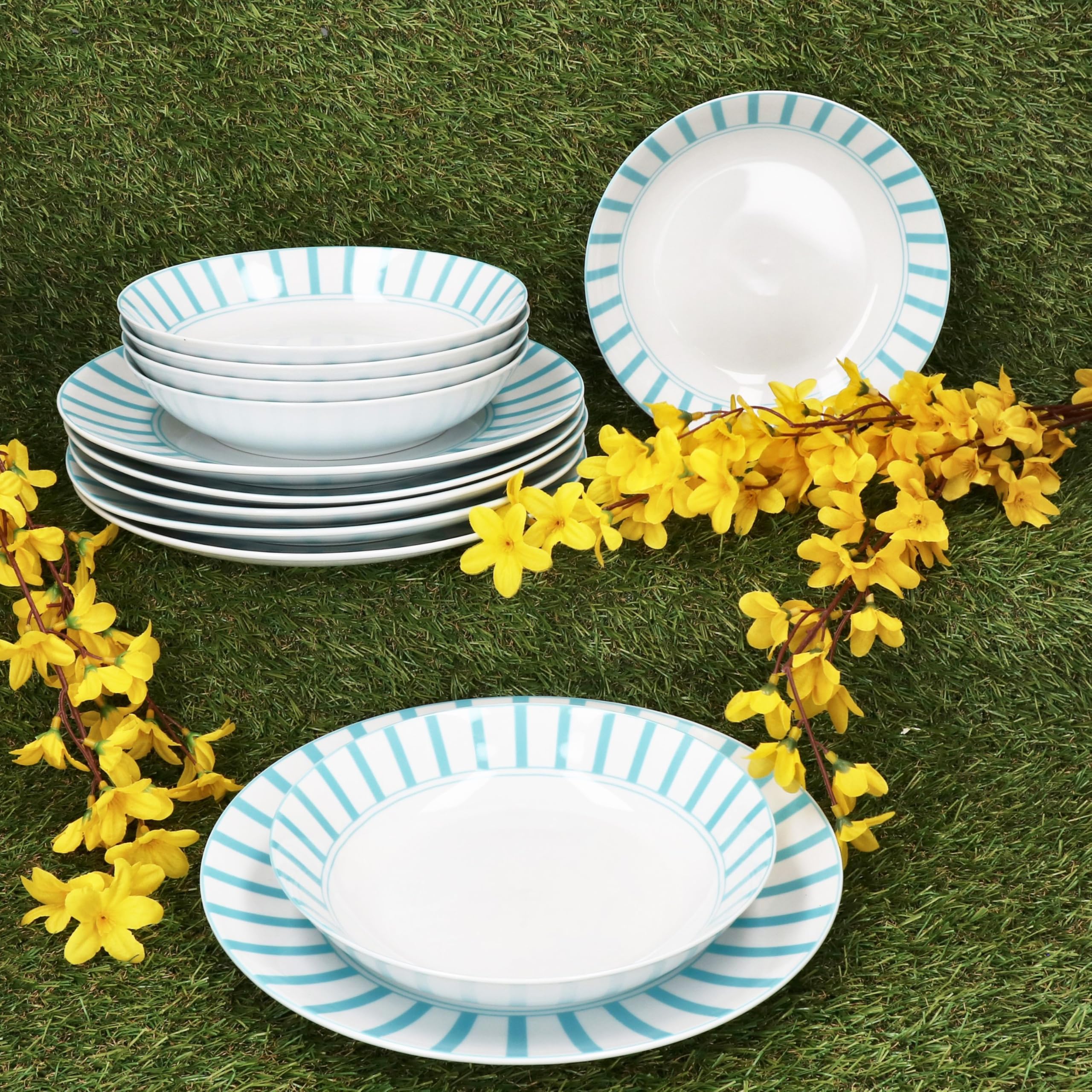 MamboCat Split Service de table 12 pièces turquoise I Vaisselle en porcelaine blanche à rayures pour 6 personnes I 6 assiettes creuses & 6 assiettes plates pour petit-déjeuner, déjeuner et dîner