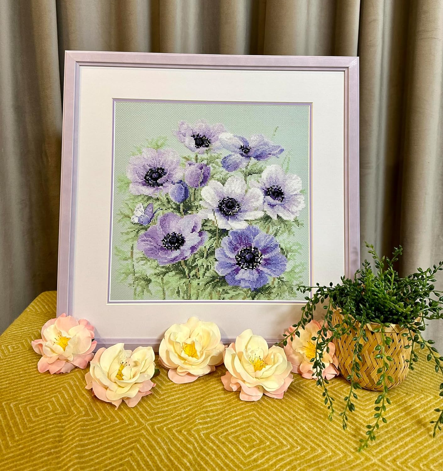 RIOLIS - Purple Anemones 2176, Cross Stitch Kits 11¾" x 11¾", Cross Stitch Kits for Adults, Floral Counted Cross Stitch Kits, Embroidery Kit for Beginners & Advanced, Crossstitching Kits