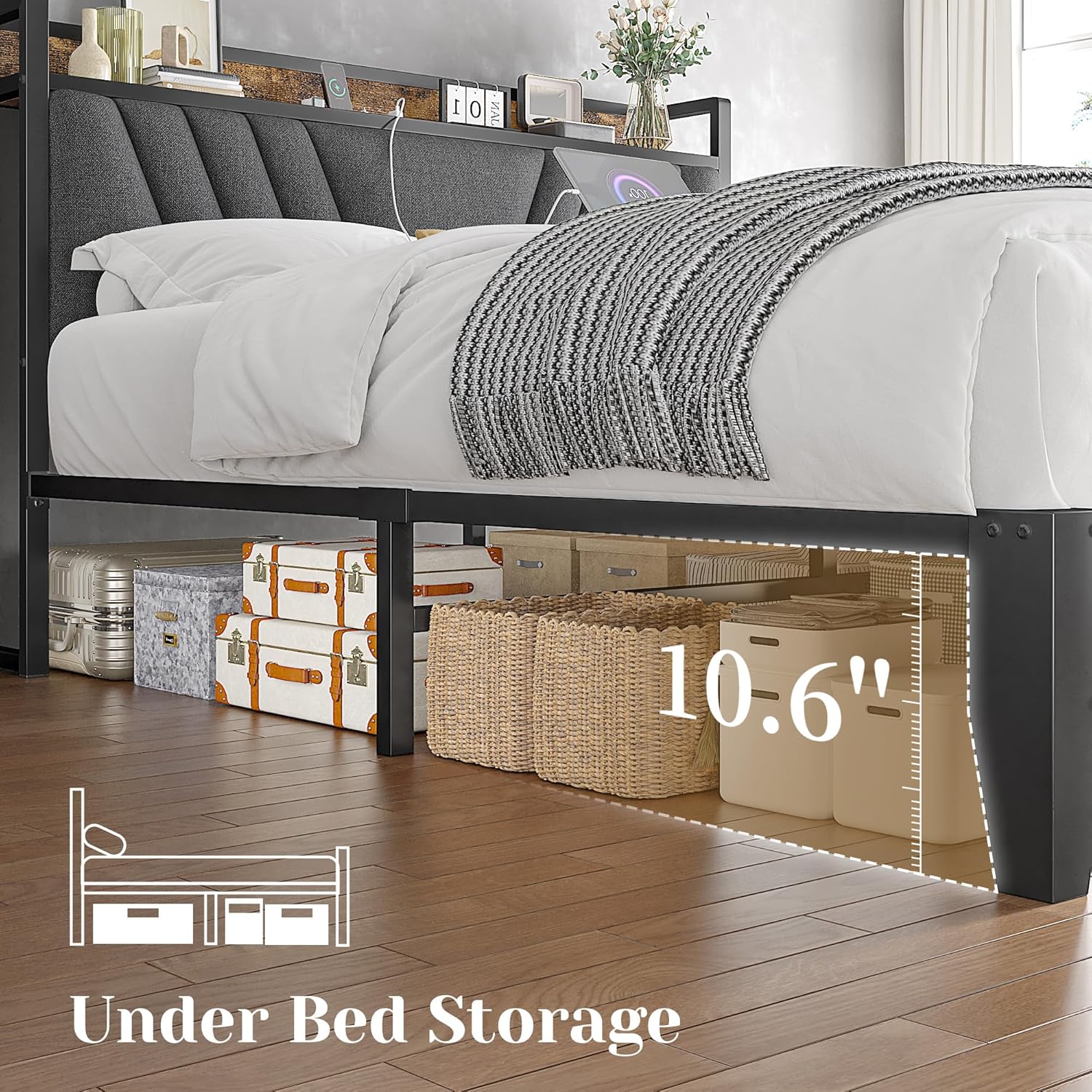 Homkdom Full Size Bed Frame, Upholstered Storage Headboard and Charging Station, Metal Platform Bed Frame Full, No Box Spring Needed, No Noise, Easy Assembly